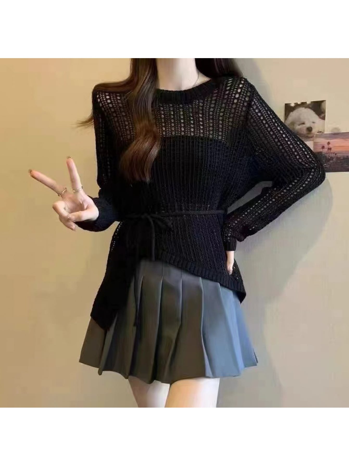 【全店30％OFF引き換え証】炎節編み物 レディース トップス 透かし編み 編み物 メッシュ編み物 スウェーター 長袖 シアー 透け感 上衣 イレギュラーヘム 非対称 酉の方角目じるし シュロの葉 体型押しかぶせる 二の腕押しかぶせる 着痩せ 細押し出し 成年者可