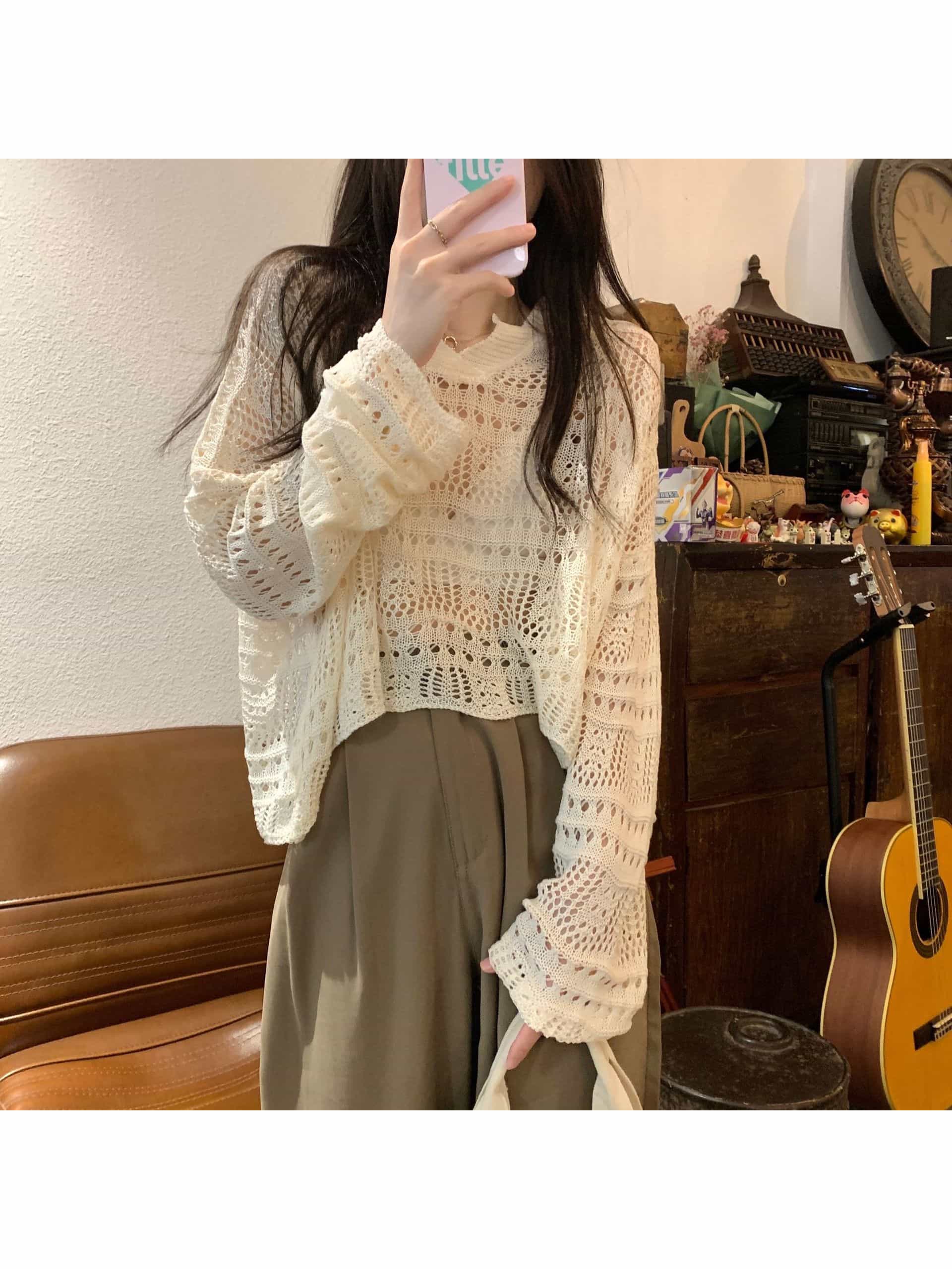 【全店30％OFF引き換え証】【体型押しかぶせる】炎節編み物 透かし編み トップス 長袖 シアーニット スウェーター 透け感 薄っぺら 重ね着 花の冠yd ざっくり メッシュ ラウンドのど首 労働者の一団のど首 落っこちる肩部 ゆる編み物 二の腕押しかぶせる 着痩せ 細見