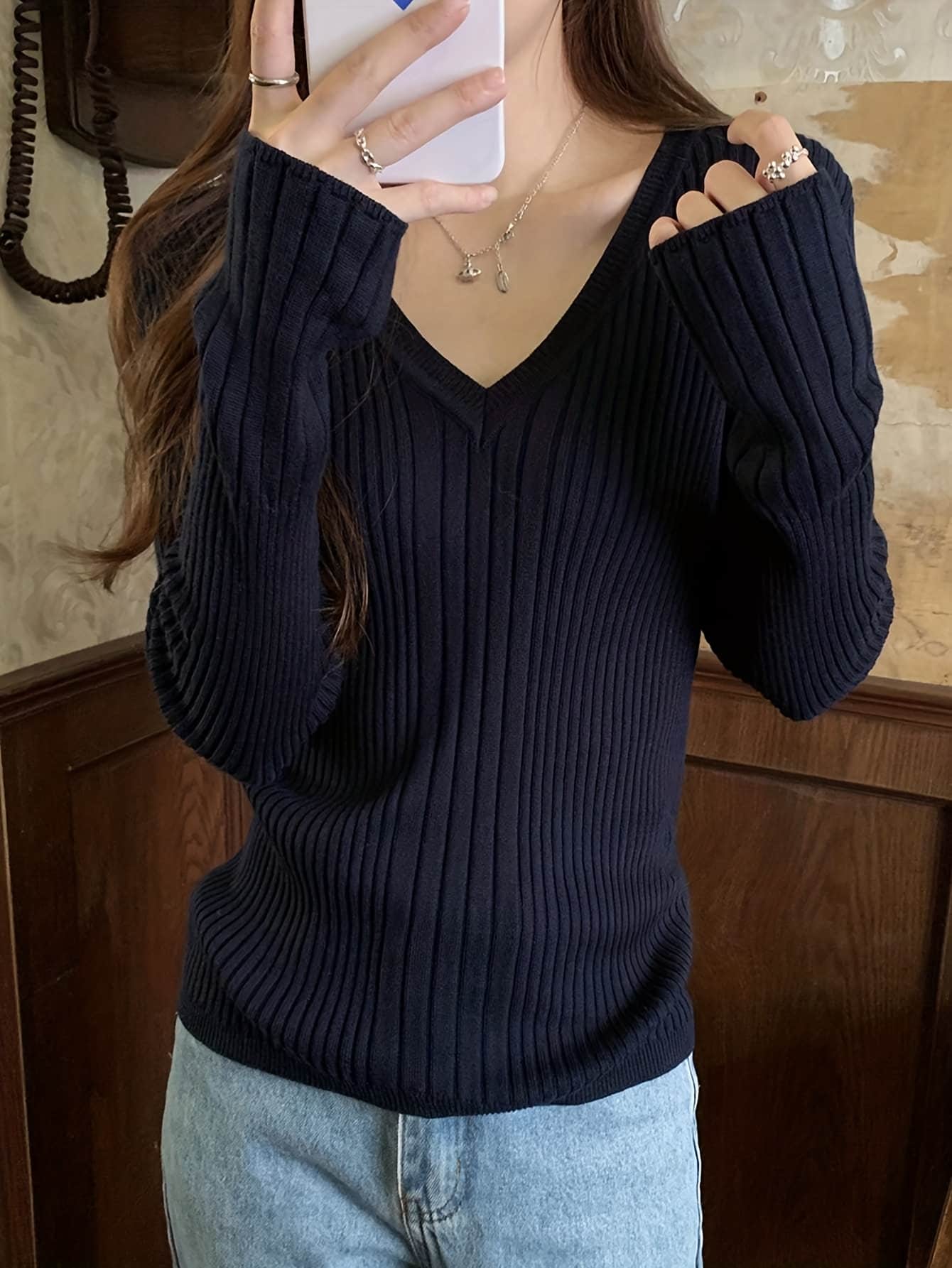 【全店30％OFF引き換え証】【デコルテもの言う花】Vのど首 リブニット スウェーター レディース トップス 長袖 ティーシャツ 肋材編み 縦生産ライン ニットソー カットソー 無地 きつい 填まる 伸ばすこと 伸縮性 パステル色の 肌付き 重ね着 花の冠yd 体型