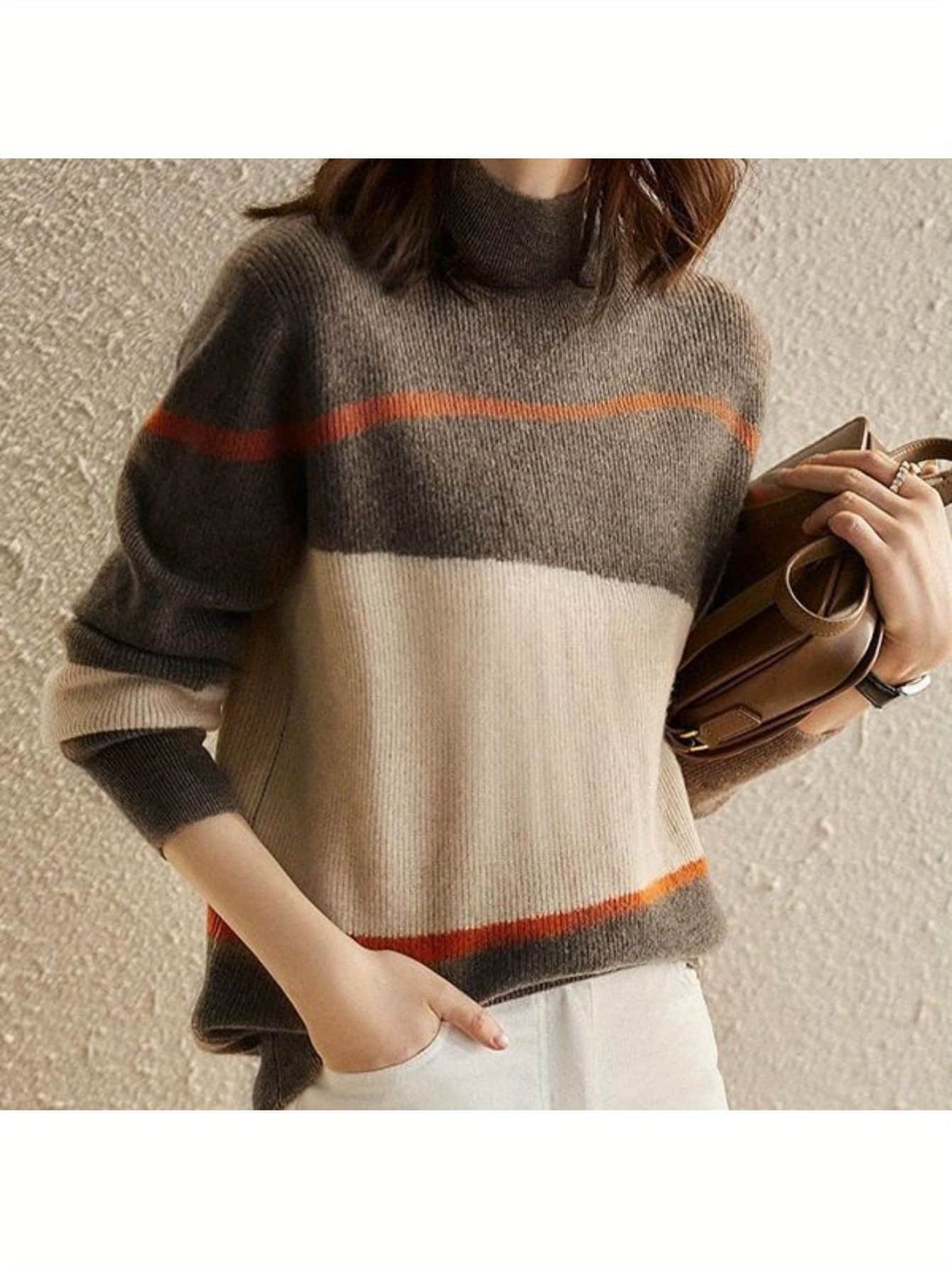 【全店通用25％OFFクーポン】【配色ボーダー】ニット セーター レディース ハイネック タートルネック トップス 長袖 大きいサイズ 韓国ファッション 配色 切り替え プルオーバー ゆるニット オーバーサイズ ゆったり 体型カバー 着痩せ 細見え｜大森麗萱