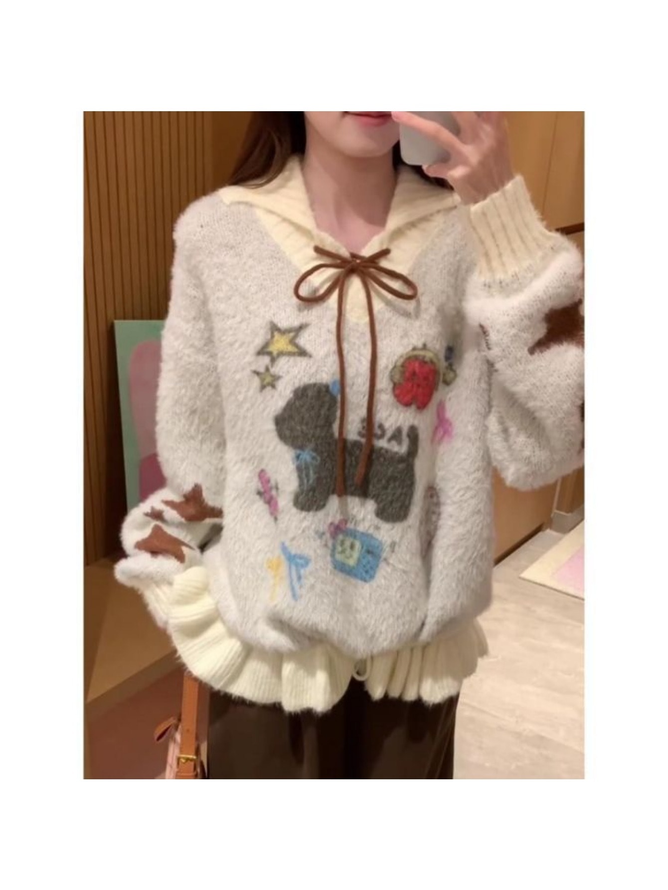 【全店通用25%OFFクーポン】【大人可愛い】 セーラーカラー ニット セーター レディース 襟付き レースアップ いぬ アニマル プルオーバー トップス 長袖 シャギー もこもこ ふわふわ オーバーサイズ ビッグシルエット ゆったり レトロ 裾フリ|大森麗萱