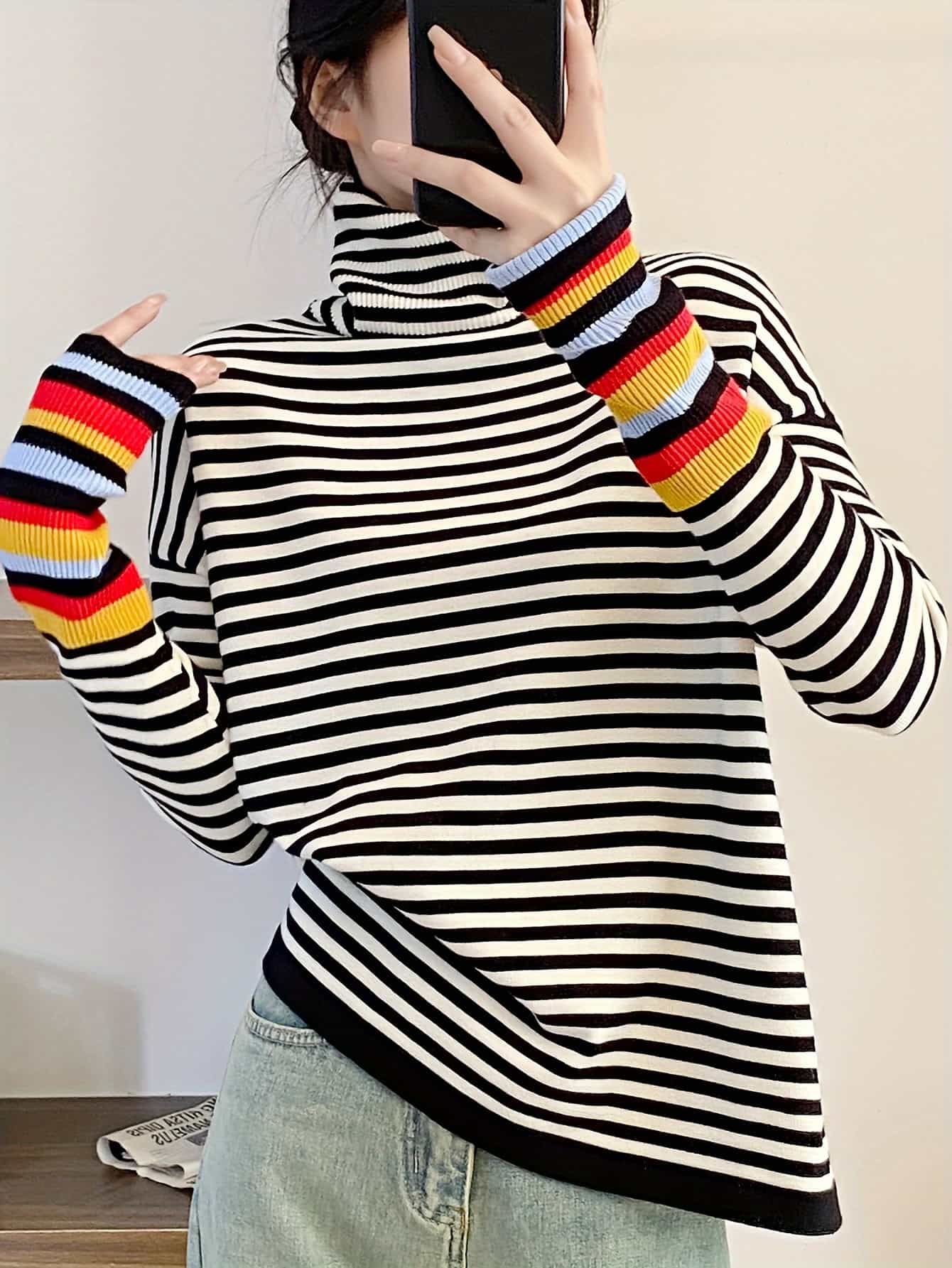 【全店30％OFF引き換え証】【袖コンシャス】間借り人 編み物 タートルネック スウェーター レディース ハイネック トップス 虹色 マルチ色合い 長袖 ティーシャツ 生あたたかい ゆったり 体型押しかぶせる 二の腕押しかぶせる 着痩せ 心地よい 好いたらしいめ 成年者好いたらしい 色彩設計