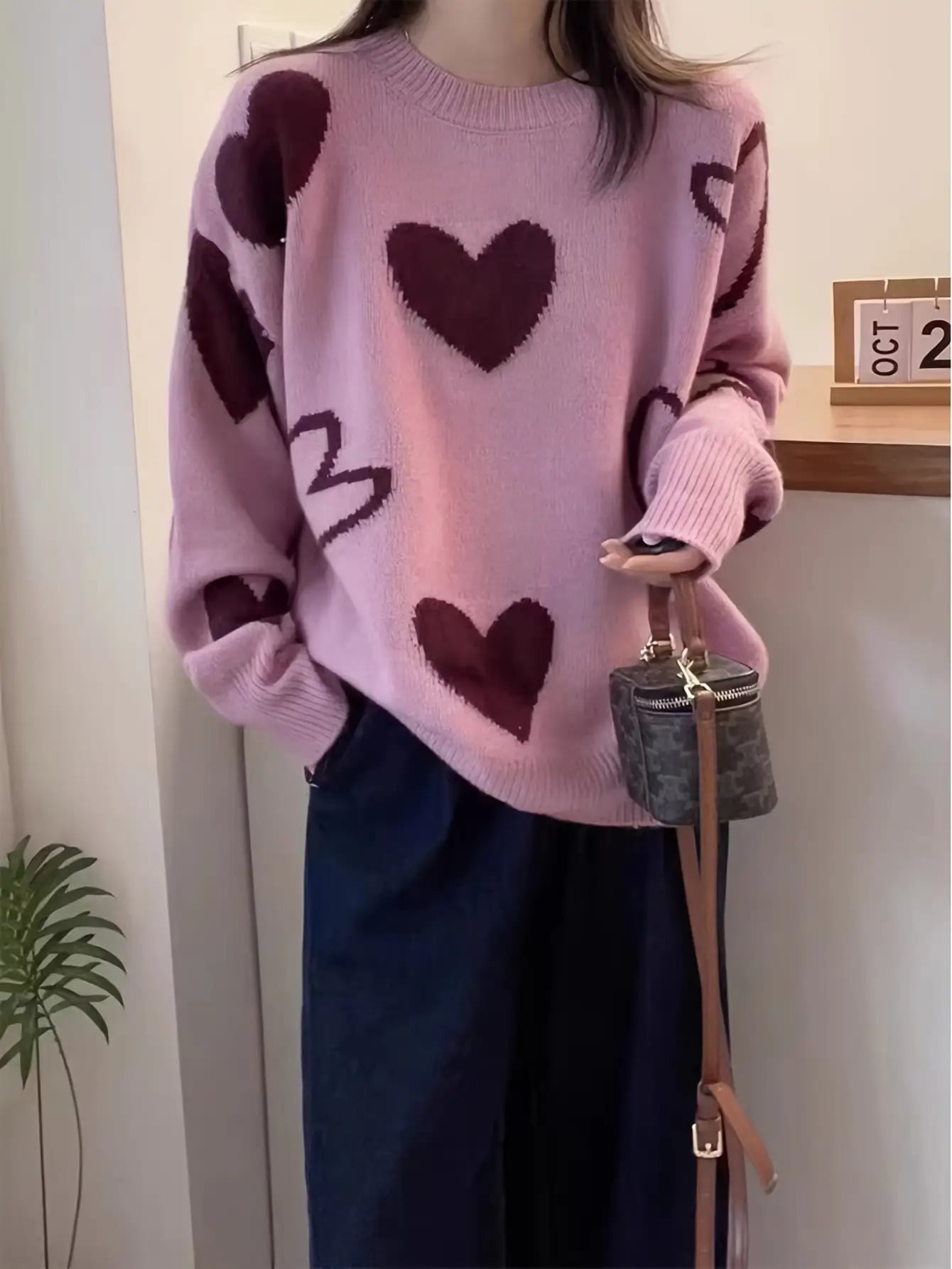 【全店通用25％OFFクーポン】【大人可愛い】ハート柄 ニット セーター レディース トップス クルーネック 丸首 長袖 プルオーバー オーバーサイズ ゆったり ビッグシルエット 体型カバー 二の腕カバー 着痩せ 華奢見え 総柄 ハート モチーフ 配｜大森麗萱