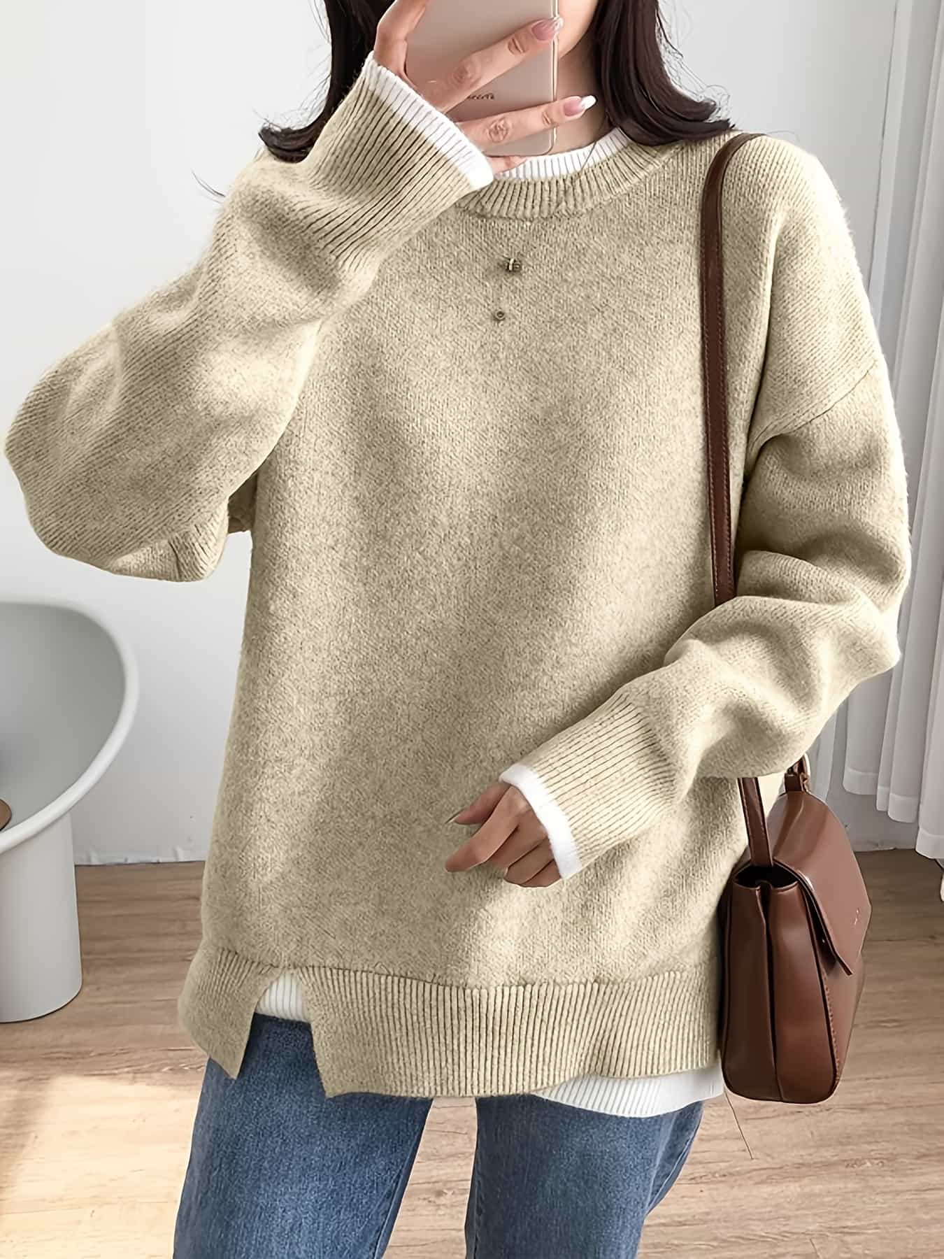 【全店通用25％OFFクーポン】【重ね着風】 ニット セーター レディース トップス プルオーバー 配色 切り替え レイヤード風 クルーネック 丸首 長袖 オーバーサイズ ビッグシルエット ゆるニット 体型カバー 着痩せ 華奢見え お尻が隠れる 裾ス｜大森麗萱 9,699円
