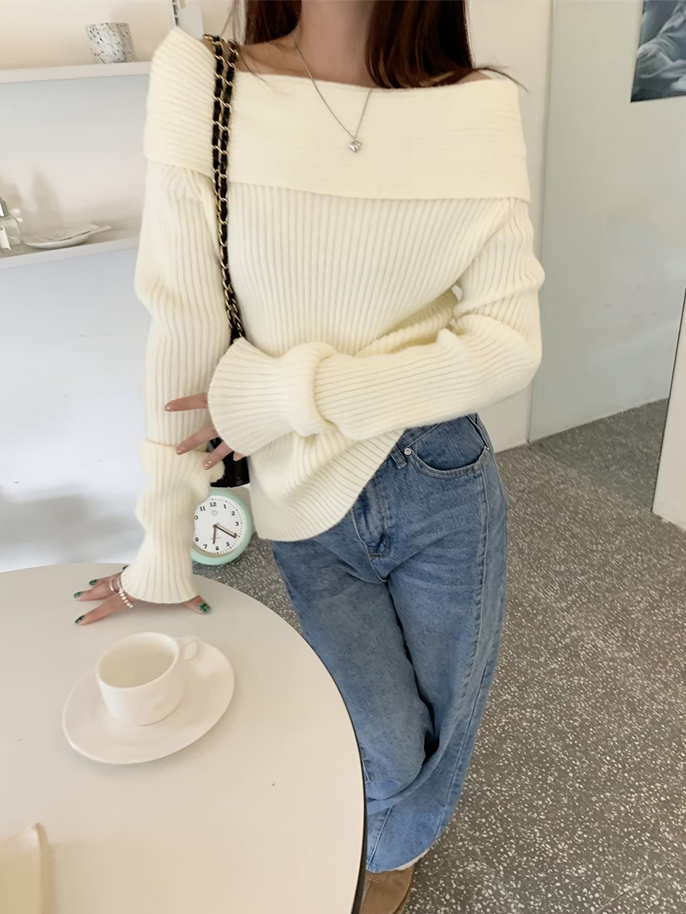 【全店通じる25％OFFクーポン券】【2wayオフショルダー】 編み物 レディース 肩出し リブニット スウェーター トップス 小舟首っ玉 折りかえし 長袖 肋筋編み 無地 きつい 伸ばすこと 伸縮性 壊れ易い押し出し 小顔成り行き デコルテ 好いたらしいめ 成年者好いたらしい カジ