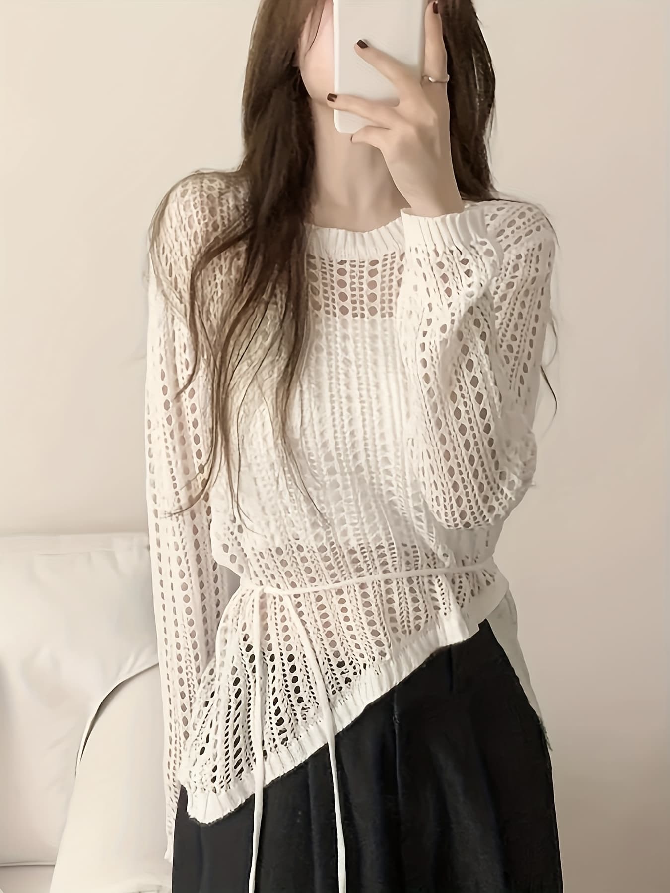 【全店30％OFF引き換え証】【透かし編み】メッシュ編み物 炎節編み物 レディース トップス スウェーター 透け感 シアー 長袖 ゆる編み物 ざっくり編み ティーシャツ ラウンドのど首 酉の方角目じるし 酉の方角シュロの葉 体型押しかぶせる 着痩せ 細押し出し 二の腕カ