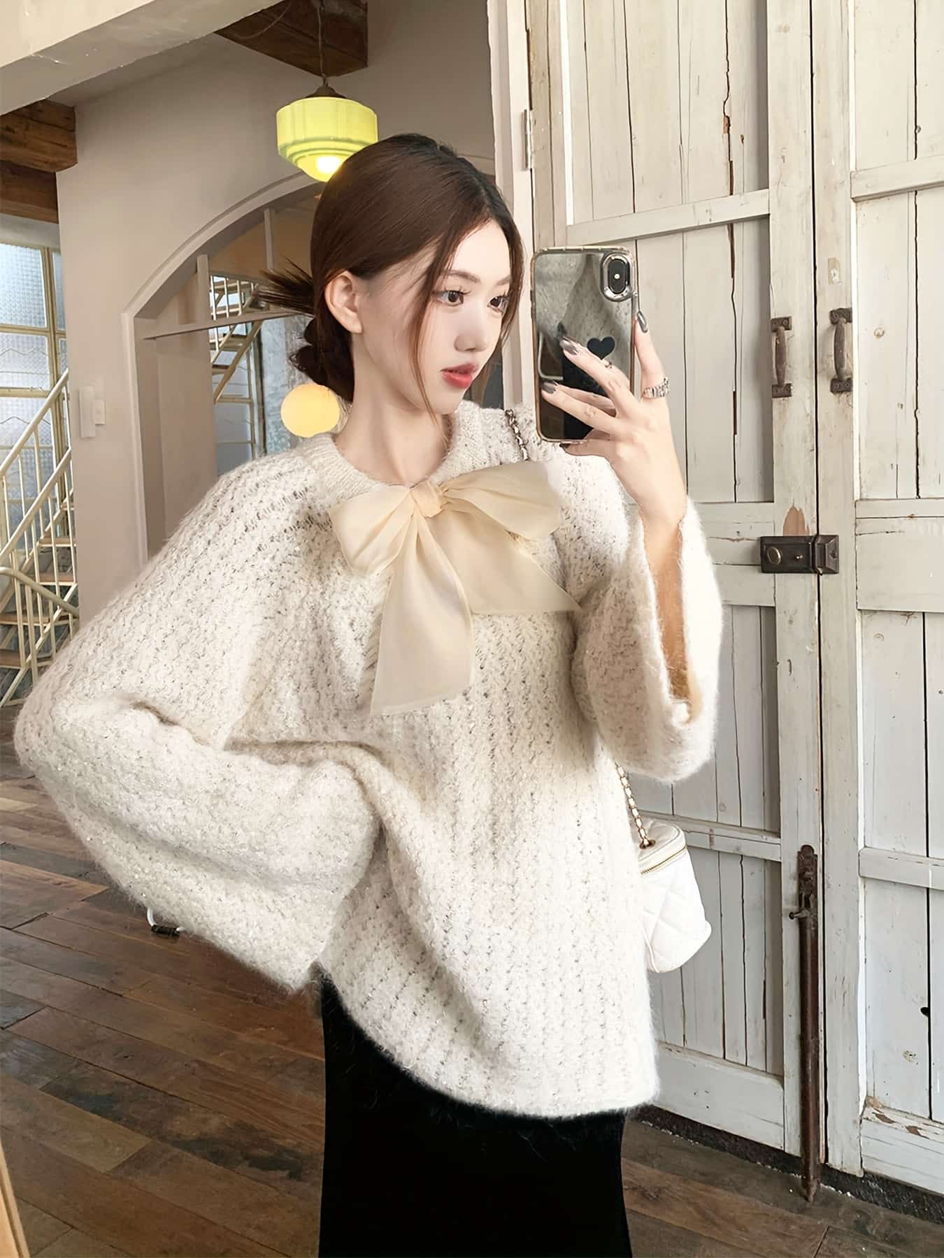 【全店通用25％OFFクーポン】【2WAYリボン】ニット セーター レディース リボン トップス 長袖 クルーネック Vネック 韓国風 プルオーバー ベルスリーブ ボリュームスリーブ ゆったり オーバーサイズ ビッグシルエット 体型カバー 華奢見え｜大森麗萱