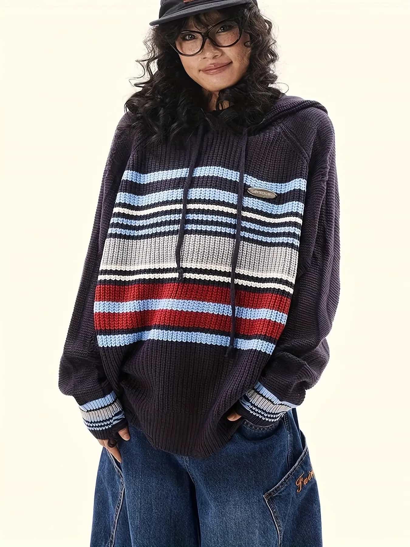 【全店通用25％OFFクーポン】【レトロ配色】ニットパーカー レディース セーター フーディー トップス ボーダー 切替 オーバーサイズ ビッグシルエット ゆるニット ざっくり ざっくり編み プルオーバー マルチカラー カレッジ風 ストリート 韓国｜大森麗萱