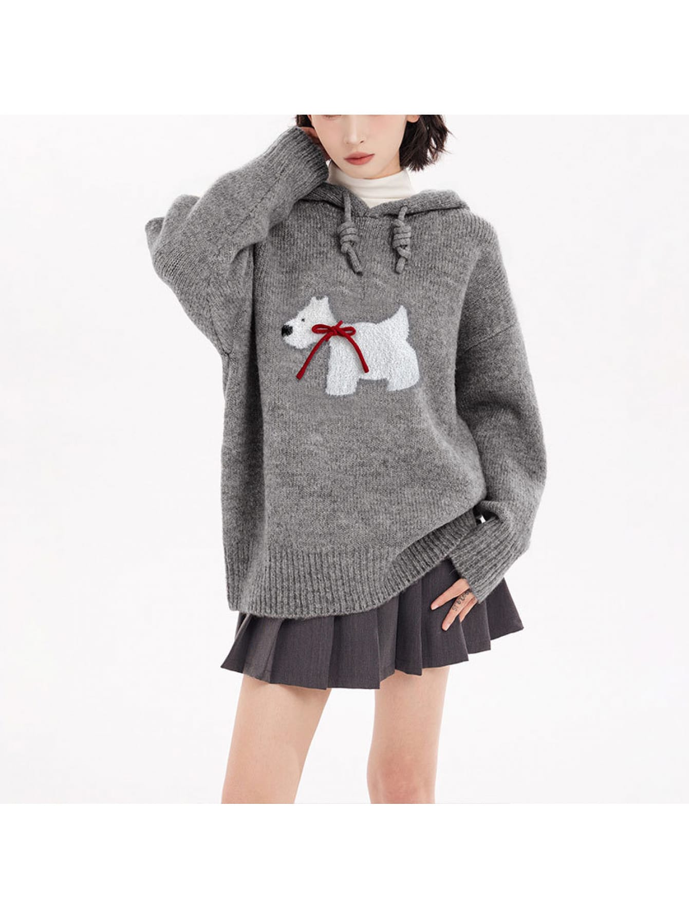 【全店通用25%OFFクーポン】【ワンちゃん刺繍】パーカー ニット レディース セーター フード付き アニマル 犬 リボン トップス 長袖 オーバーサイズ ビッグシルエット ゆったり 体型カバー 着痩せ 華奢見え 大人可愛い カジュアル 韓国風 ゆる|大森麗萱