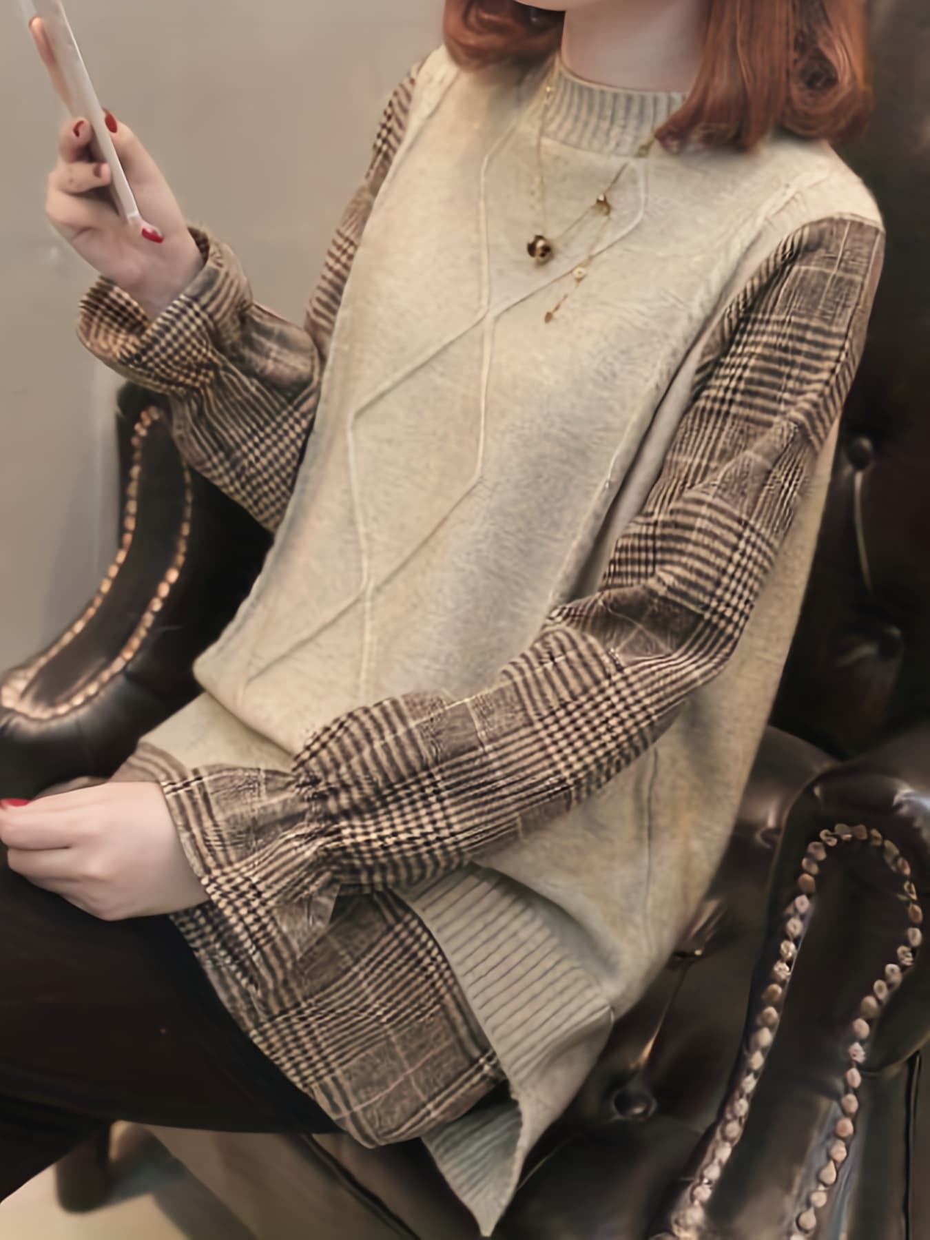 【全店通用25％OFFクーポン】重ね着風 ニット チェック柄 チュニック レディース トップス フェイクレイヤード ハイネック セーター プルオーバー 長袖 切り替え 格子柄 シャーリング 襟付き風 ゆったり ぽわん袖 大人可愛い きれいめ カジュア｜大森麗萱 10,604円
