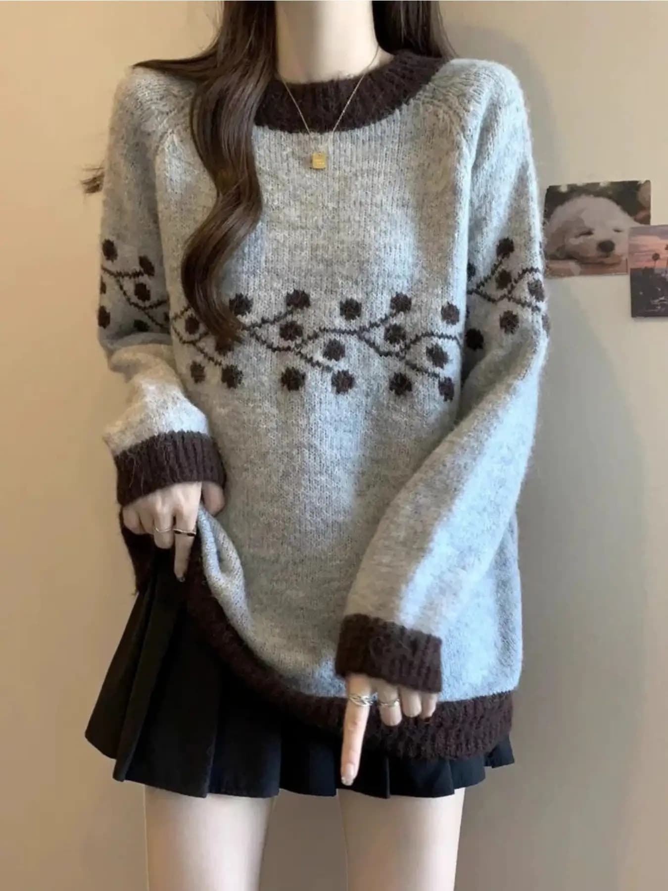 【全店通用25%OFFクーポン】【レトロ可愛い】ニット セーター レディース トップス プルオーバー ジャガード 植物柄 木の枝 長袖 クルーネック バイカラー オーバーサイズ ゆったり 体型カバー 華奢見え 着痩せ ゆるニット 柔らかい 暖か 防寒|大森麗萱