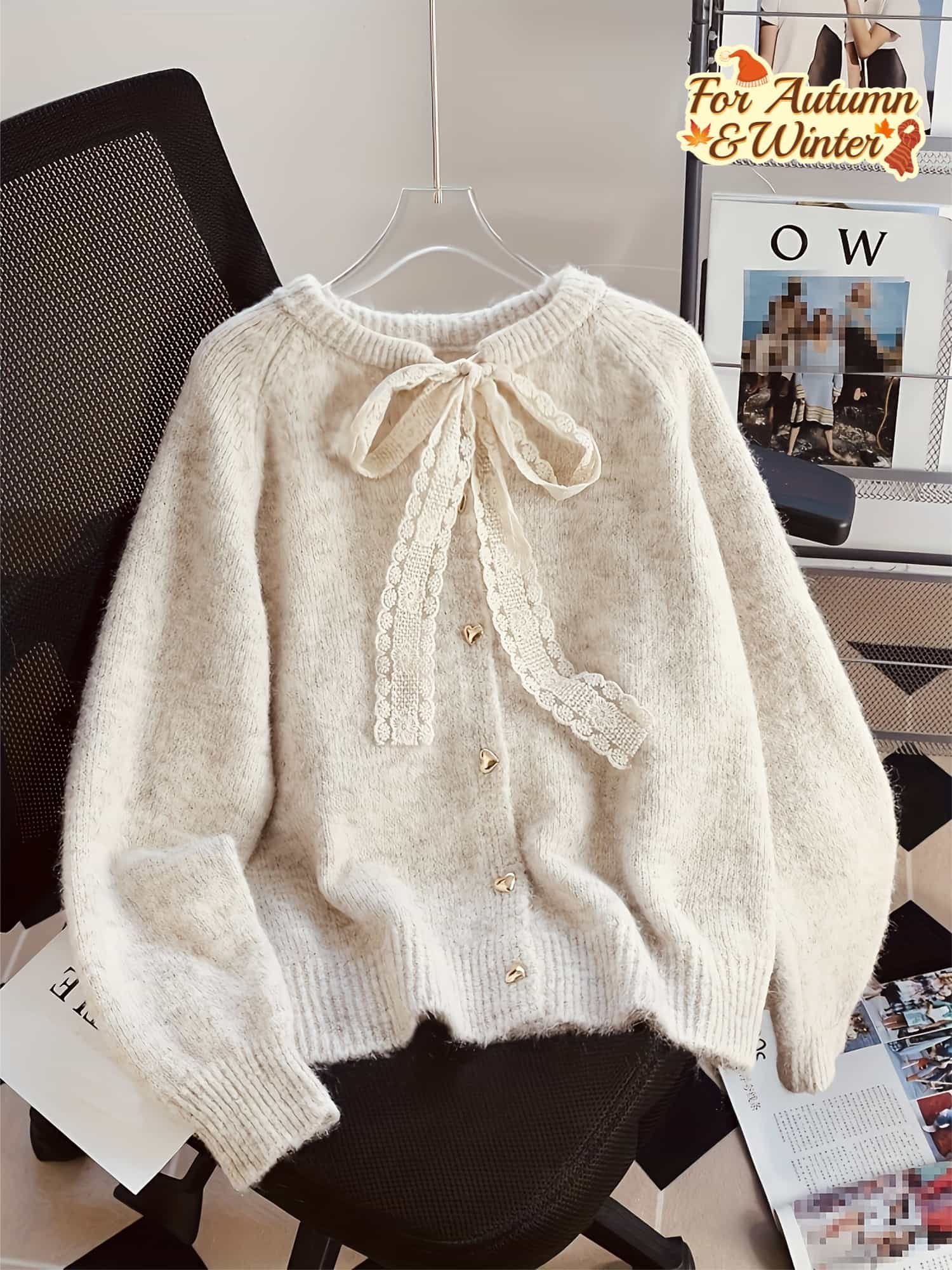 【全店通用25％OFFクーポン】【リボン&times;ハートボタン】 カーディガン ニット レディース レース セーター トップス クルーネック 丸首 長袖 前開き 羽織り 柔らかい 暖かい 無地 伸縮性 大人可愛い きれいめ フェミニン ガーリー レトロ カジ｜大森麗萱 10,024円