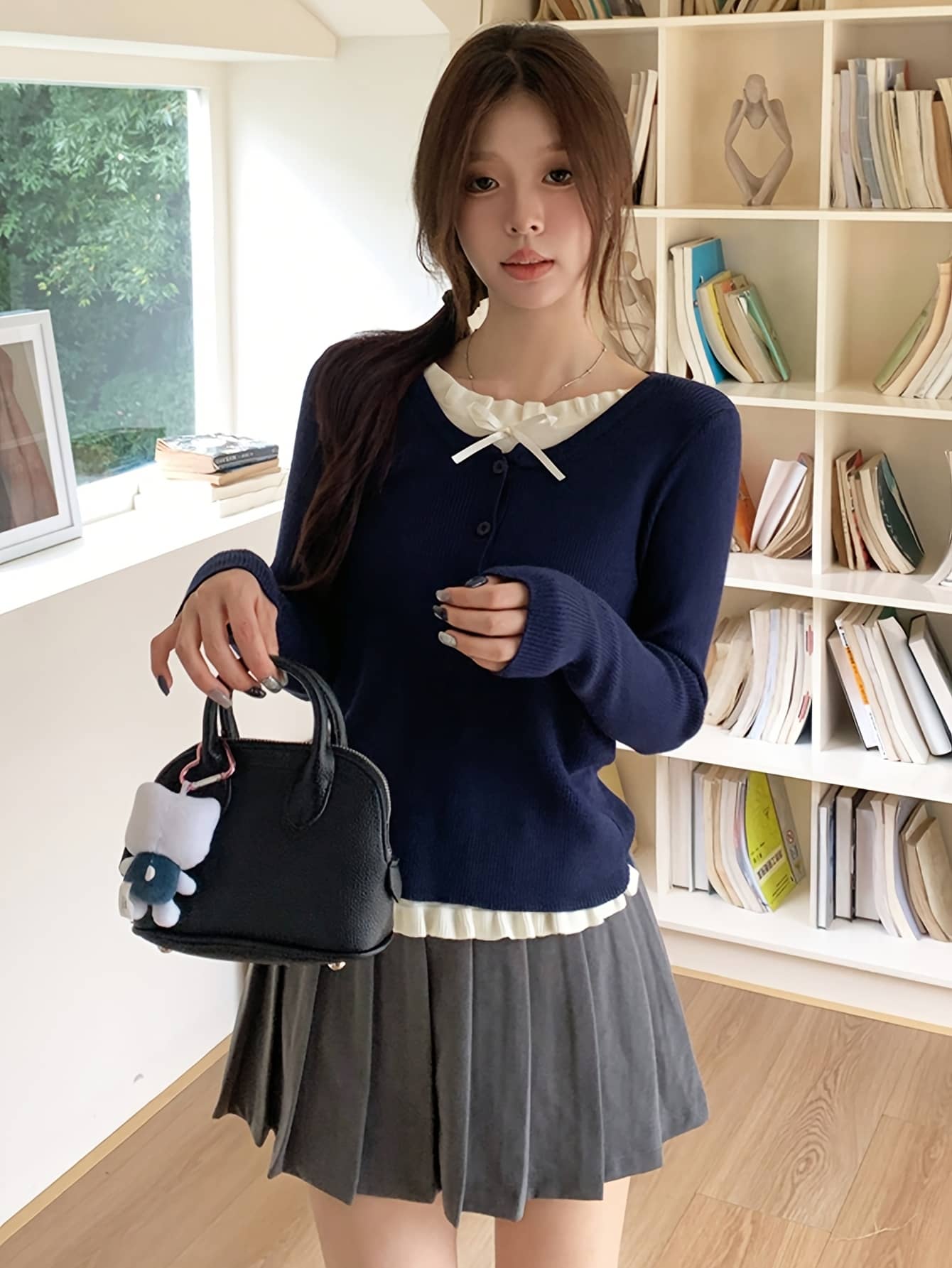 【全店通用25%OFFクーポン】【レイヤード風】ニット レディース セーター 重ね着風 襟付き フリル リボン トップス プルオーバー 長袖 リブ 秋 冬 韓国ファッション フェミニン ガーリー スクール風 大人可愛い カジュアル きれいめ 体型カバ|大森麗萱
