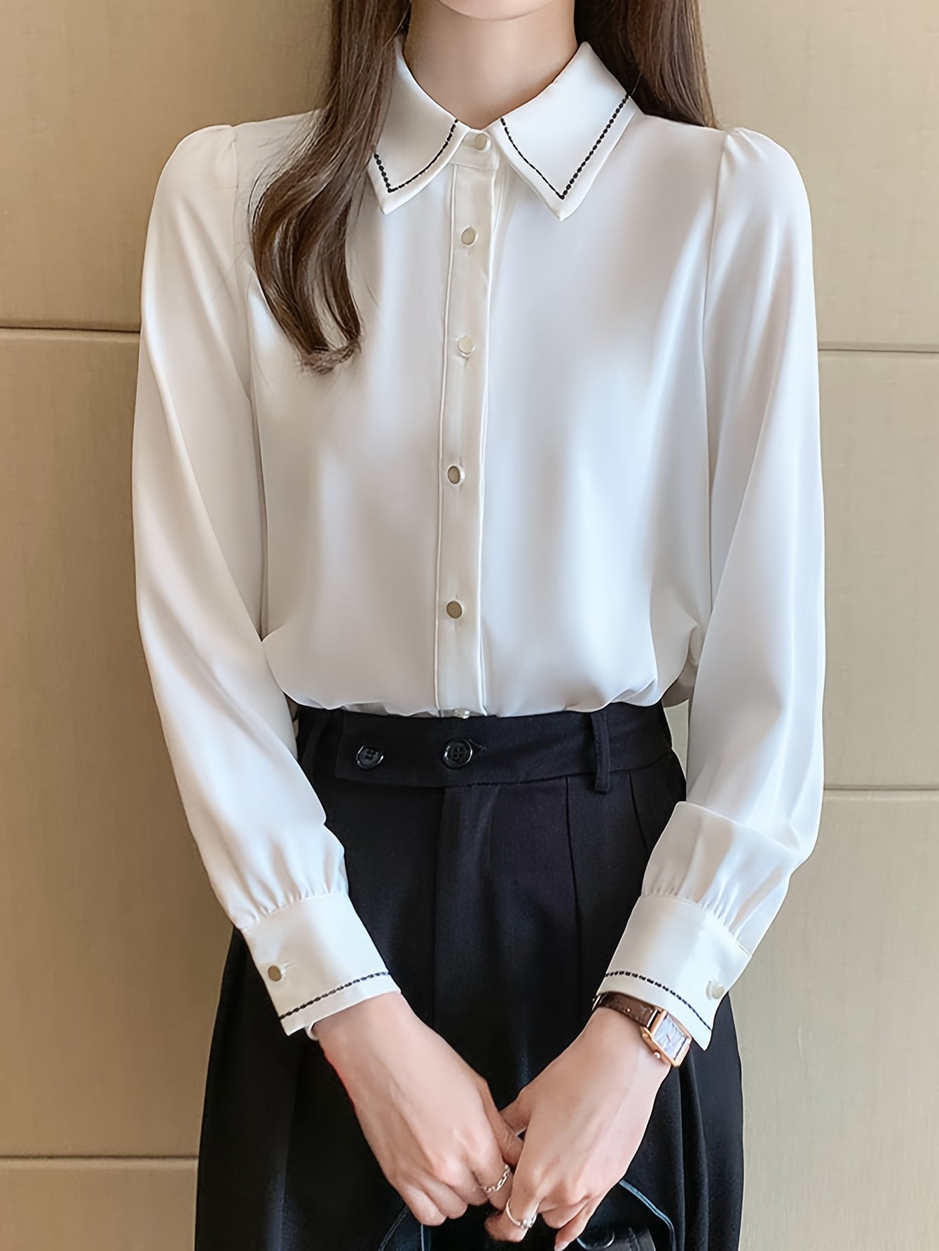 【今日このごろ押さえる、超買得30％OFF引き換え証、2度潮どき皆無】【編み目ひな形】トップ レディース 長袖 プルオーバー トップス 色彩設計 バイ色つや 襟付き添い人 事務室 通い OL 好いたらしいめ 事務服 前くい違い 名取り草 シワになりにくい 洗える 体型取りまかなう 着痩せ