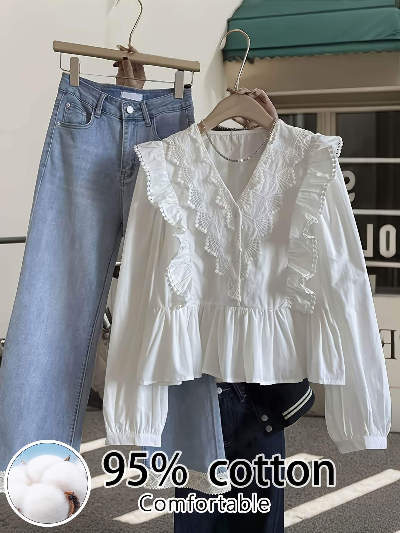 【今日このごろ押さえる、超買得30％OFF引き換え証、2度潮どき皆無】【成年者好いたらしい】 トップ レディース 長袖 綿 綿織物 フラウンス スピード競技 刺しゅう Vのど首 トップス プルオーバー 白 白いこと 好いたらしいめ ゆったり 体型取りまかなう 着痩せ 事務室 心地よい 通い 春