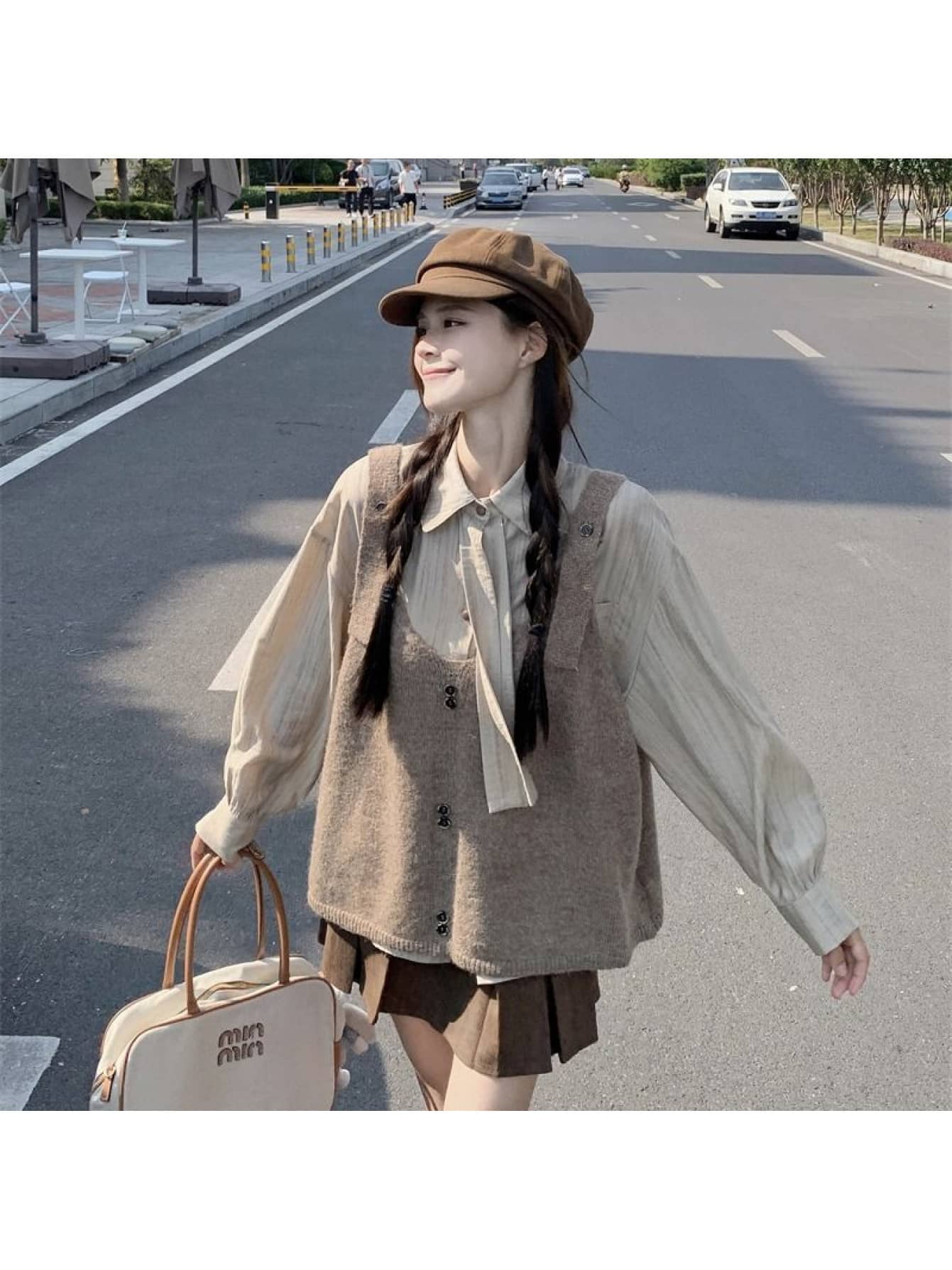 【全店通用25%OFFクーポン】【2点セット】ニットベスト ブラウス セットアップ レディース 秋冬 Vネック 前開き ボタン チョッキ ジレ 重ね着 レイヤード リボン ボウタイシャツ 長袖 トップス アンサンブル 体型カ|大森麗萱