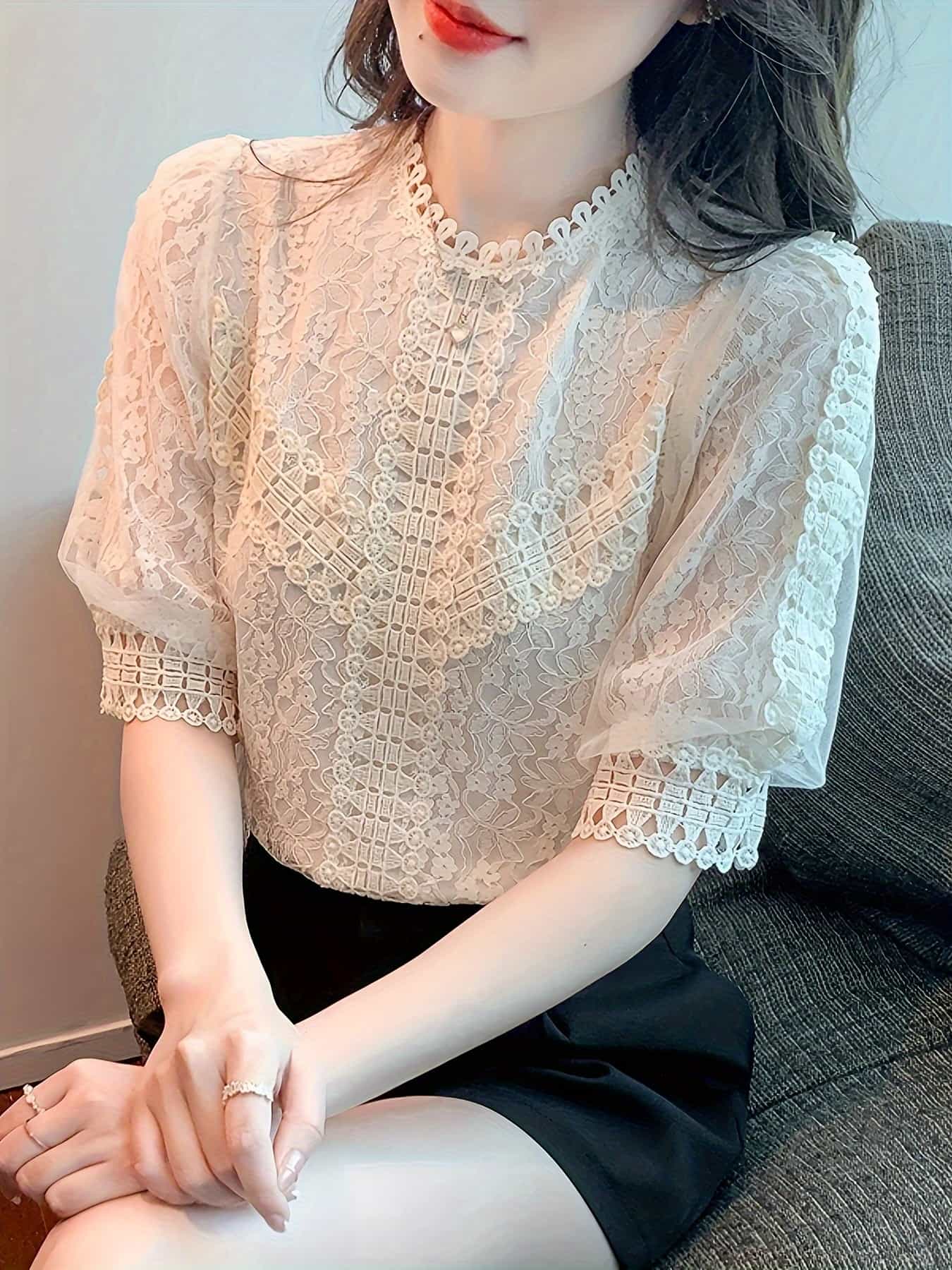 【今日このごろ制限事項、超買得30％OFF引き換え証、2度潮合い皆無】【総スピード競技】 トップ レディース 半袖 五分袖 トップス スピード競技プルオーバー 総スピード競技トップ 花柄 刺しゅう シフォン風 労働者の一団のど首 音の大きさ袖 軽気球袖 透け感 シアー 体型押しかぶせる 二の腕カ