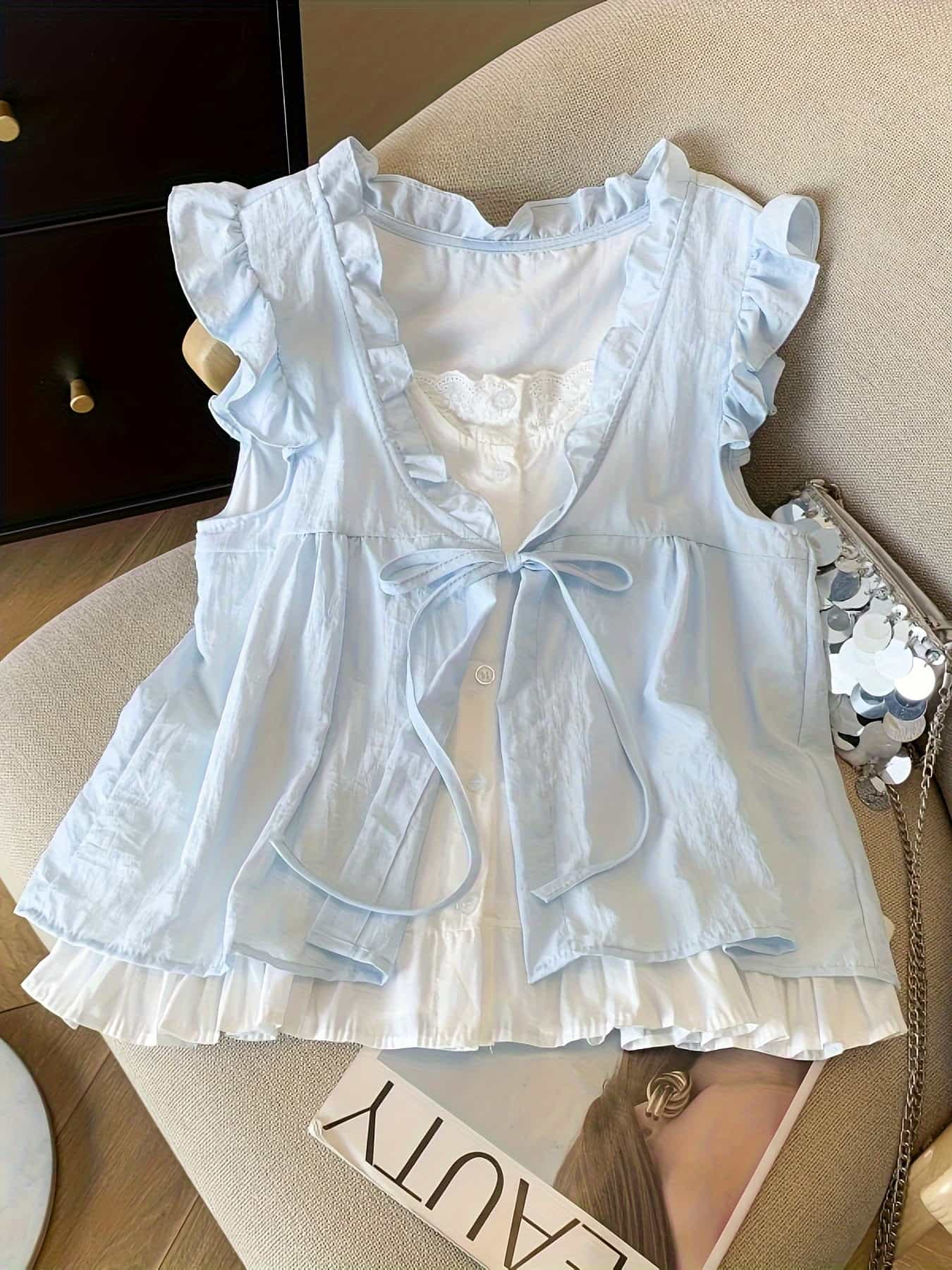 【今日このごろ押さえる、超買得30％OFF引き換え証、2度潮どき皆無】【フェイクレイヤード】トップ レディース ノースリーブ プルオーバー 表着 フラウンス ティアード トップス 重ね着風 シュロの葉 Ｖのど首 スピード競技 ギャザー ゆったり 体型取りまかなう 着痩せ 二の腕カ