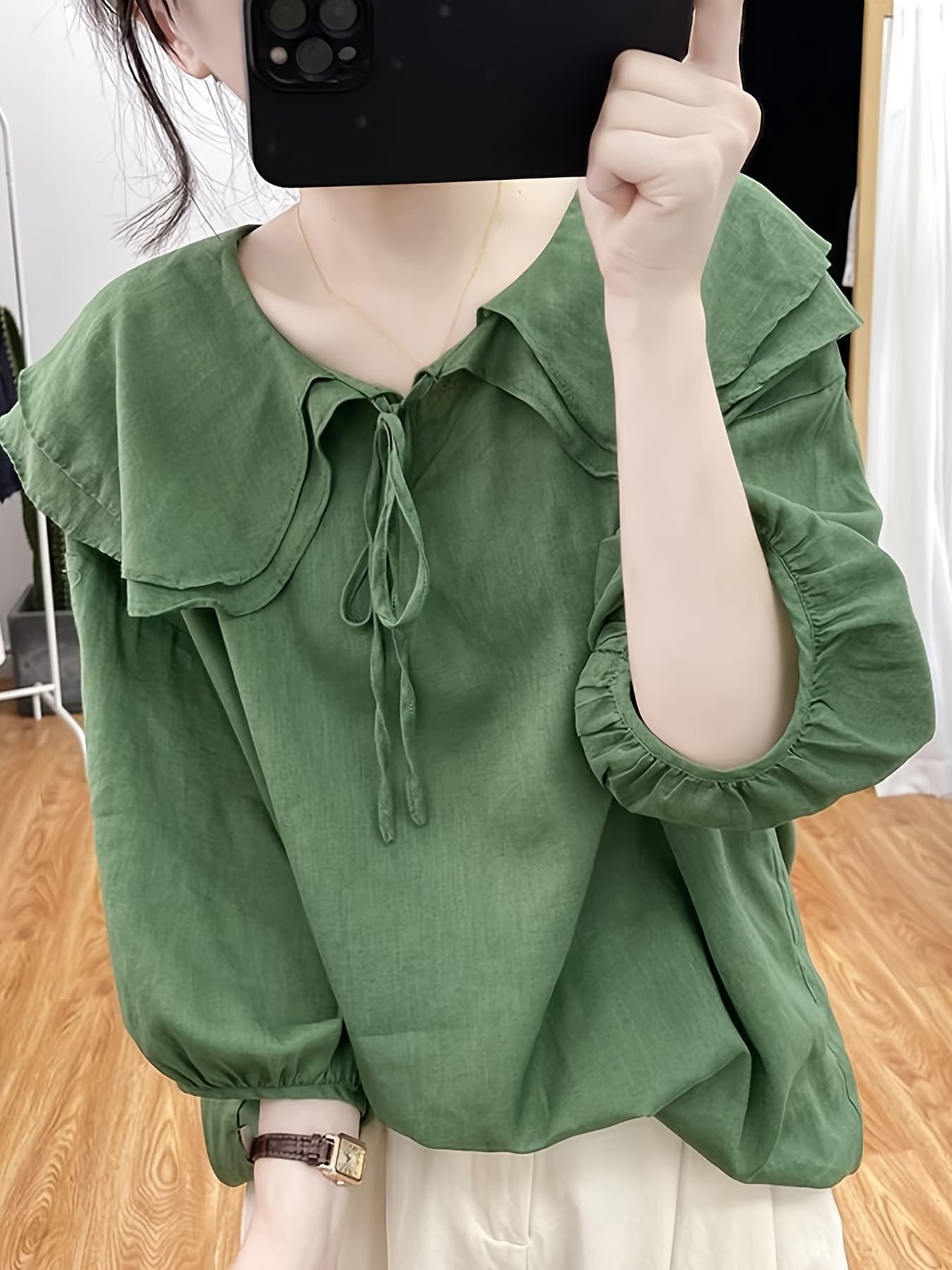 【今日このごろ制限事項、超買得30％OFF引き換え証、2度潮合い皆無】【二の腕押しかぶせる】 ビッグ色合い トップ レディース フラウンス色合い プルオーバー トップス 音の大きさ袖 ぽわん袖 上衣 七分袖 五分袖 襟付き添い人 シュロの葉 ゆったり 体型押しかぶせる 着痩せ 冷やりとした