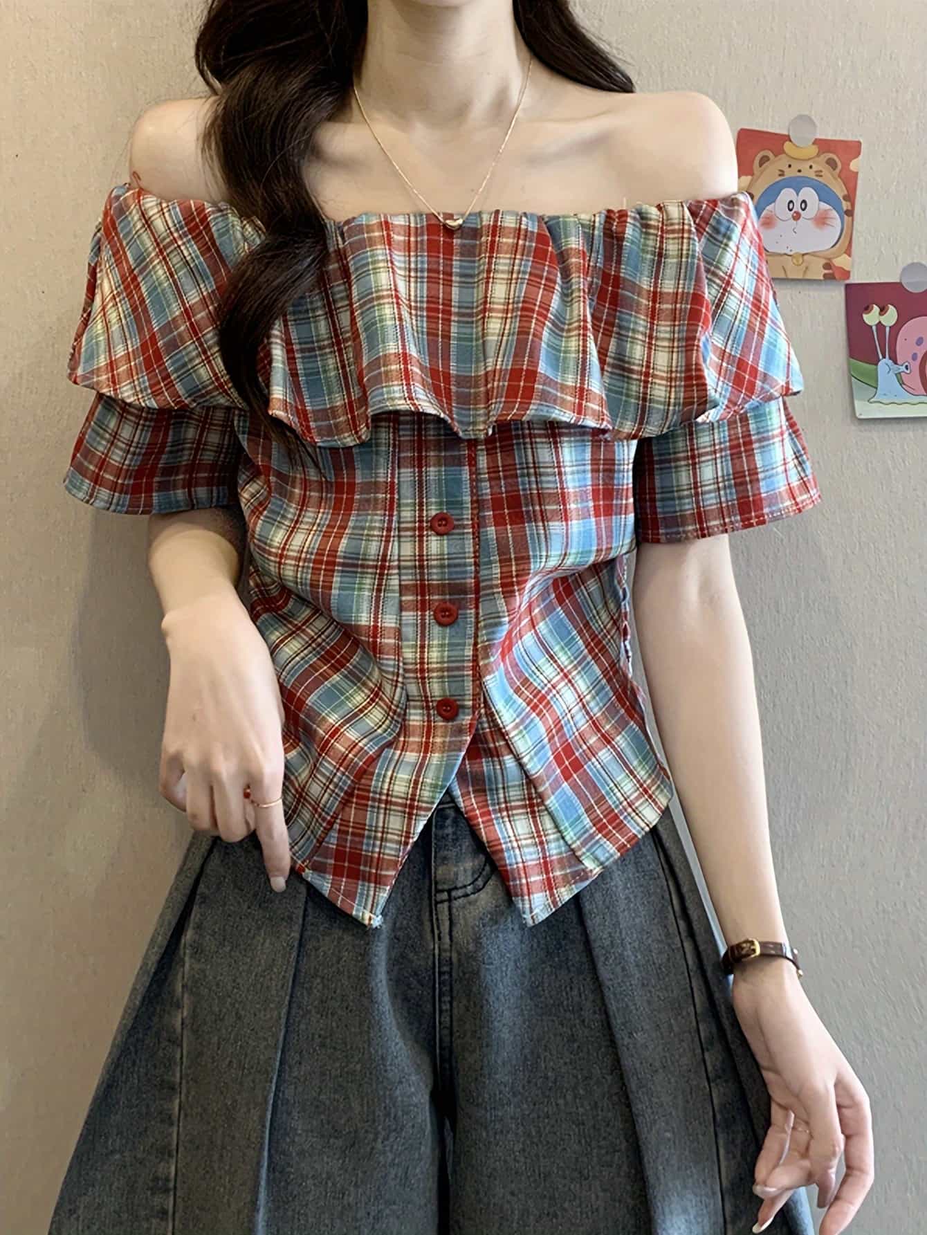 【今日このごろ制限事項、超買得30％OFF引き換え証、2度潮合い皆無】【成年者好いたらしい】オフショルダー トップ レディース 読み合わせる柄 プルオーバー トップス 半袖 フラウンス 2way オフショル 肩出し 好いたらしいめ 心地よい 体型押しかぶせる 着痩せ 二の腕押しかぶせる タータンチ
