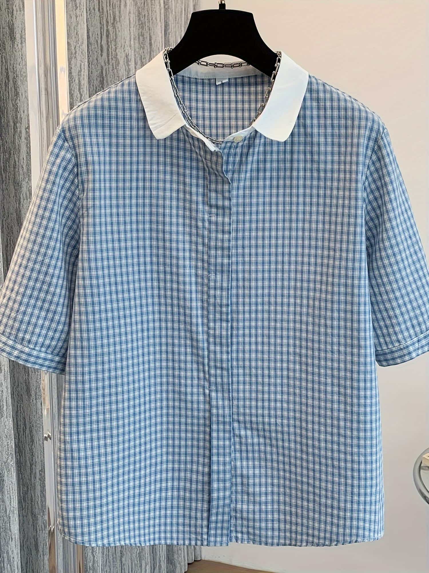 【今日このごろ押さえる、超買得30％OFF引き換え証、2度潮どき皆無】【口さかしいギンガム】 照合のしるしプルオーバー レディース 半袖 トップ ギンガム照合のしるし クレリックシャツ 襟付き添い人 トップス 五分袖 ゆったり 体型取りまかなう 二の腕取りまかなう 着痩せ 事務室 通い OL