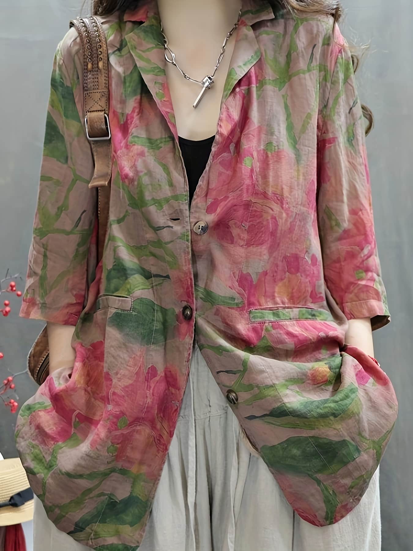 【今日このごろ制限事項、超買得30％OFFクーポン券、2度汐どき皆無】【レトロ花柄】朱夏上衣 レディース テーラードジャケット 五分袖 七分袖 リネン触れ合う ライトアウター 羽織り 前車のドア 襟付き添い人 名取り草 トップス 総柄 盛りだくさん 個人的特徴的 ヴィンテージ風 体