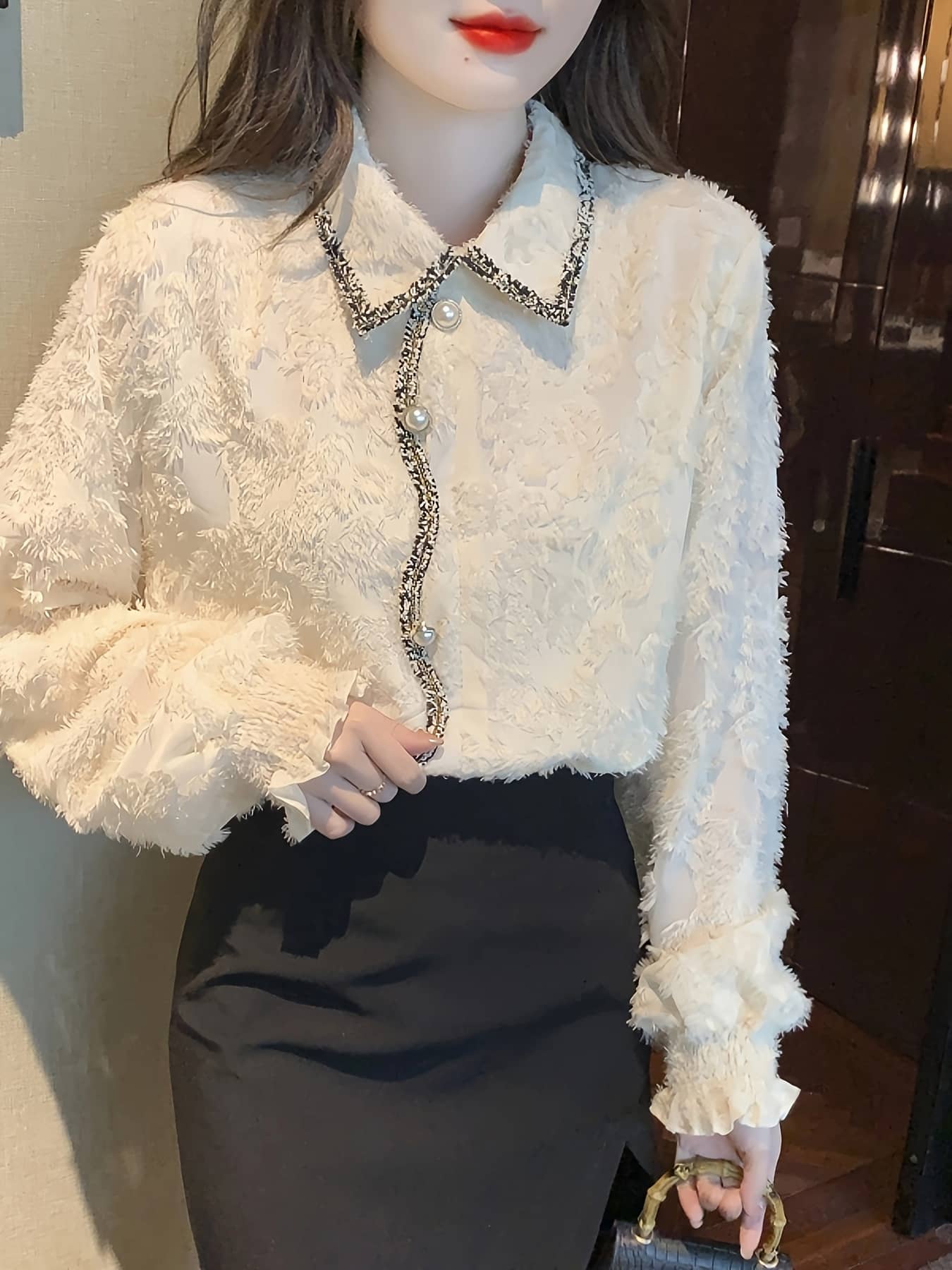 【今日このごろ押さえる、超買得30％OFF引き換え証、2度潮どき皆無】【フリンジジャガード】トップ レディース 長袖 プルオーバー トップス 襟付き添い人 色彩設計 パイピング パール名取り草 シャギー 成年者好いたらしい 好いたらしいめ 心地よい 事務室 通い スピード競技 音の大きさ袖 入