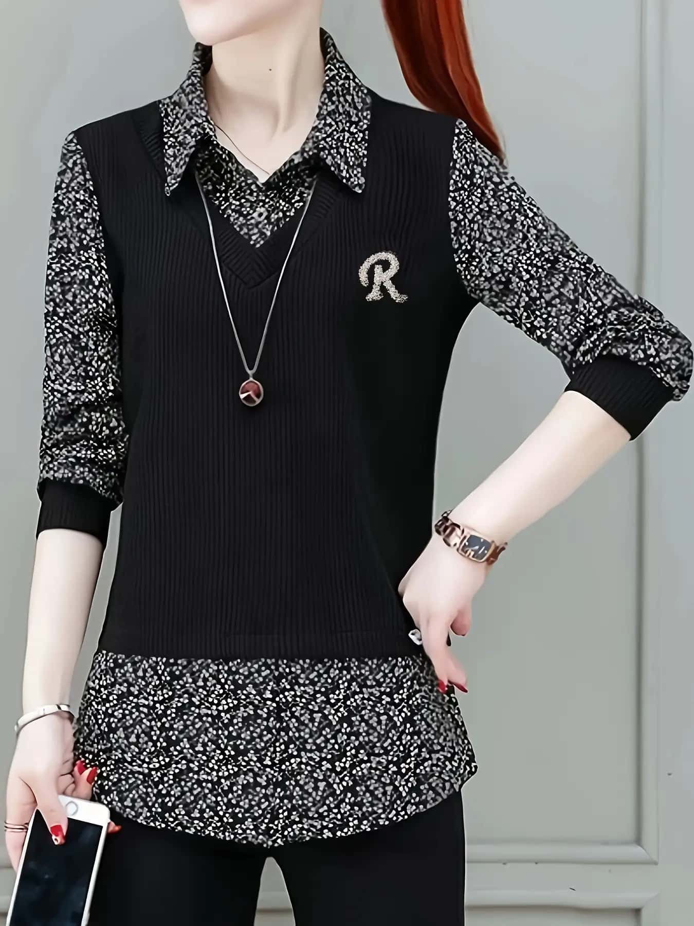 【全店通用25％OFFクーポン】【重ね着風でオシャレ】 ブラウス シャツ レディース レイヤード風 トップス ニットベスト 切り替え 長袖 襟付き 総柄 小花柄 リブニット プルオーバー 異素材 体型カバー 着痩せ 細見え｜大森麗萱