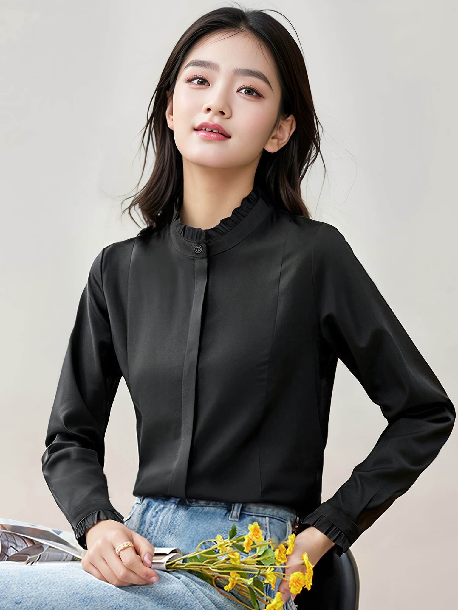 【今日このごろ押さえる、超買得30％OFF引き換え証、2度潮どき皆無】【フラウンス襟】トップ レディース 長袖 好いたらしいめ 立ち襟 トップス プルオーバー 事務室 通い OL フォーマル 卒式 はいり込む式 春 秋 冬 黒 黒いこと 無地 体型取りまかなう 着痩せ 細見せかけ 成年者可