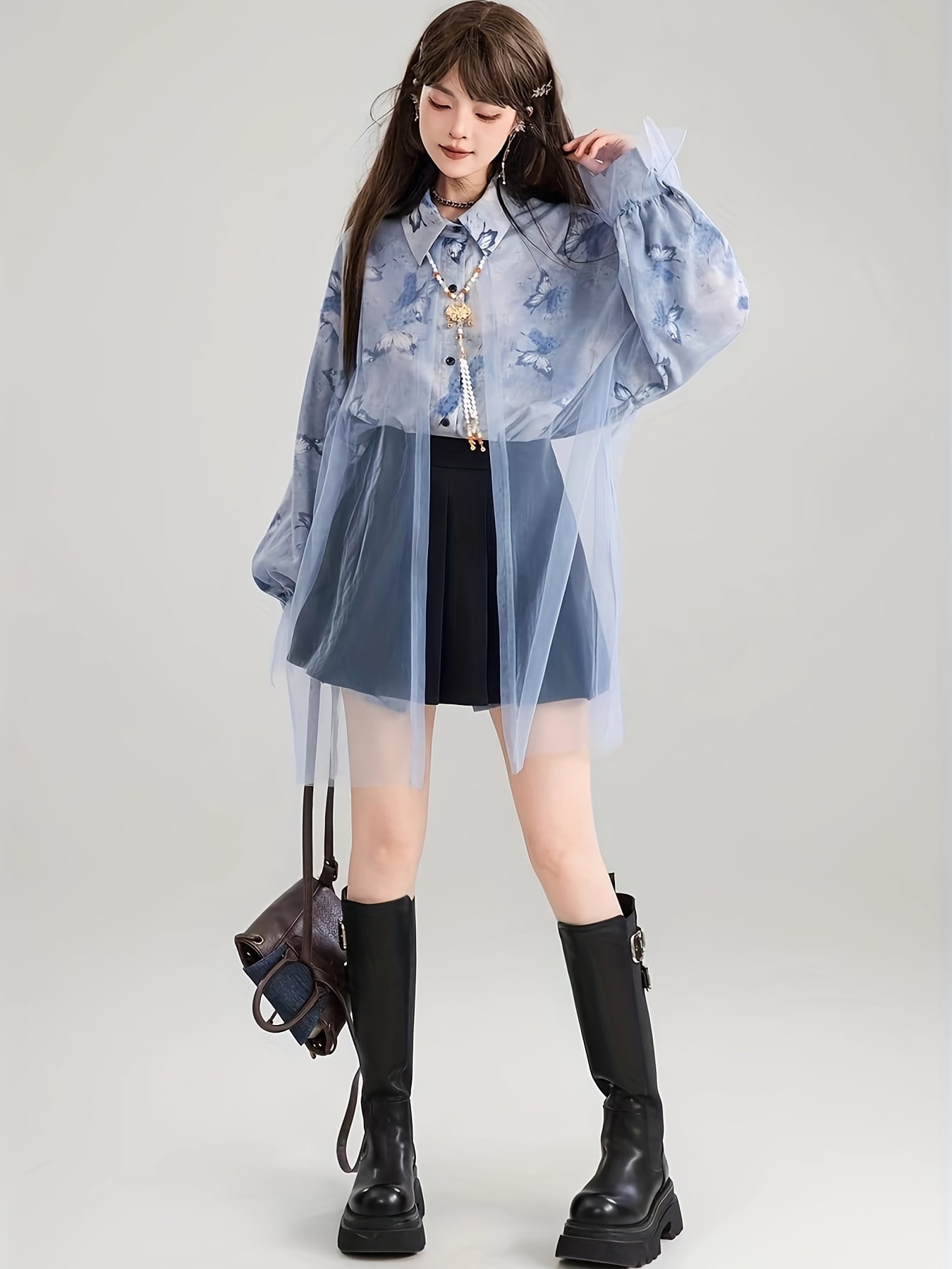 【今日このごろ押さえる、超買得30％OFFクーポン券、2度汐合い絶無】【シアー×蝶柄】 トップ レディース 長袖 プルオーバー トップス 夢見鳥 蝶 夢見鳥 総柄 チュール うつり変わり カクテルドレスルー 透け感 花の冠yd風 襟付き添い人 前食い違い 羽織り ゆったり 体型覆いかぶせる 二の