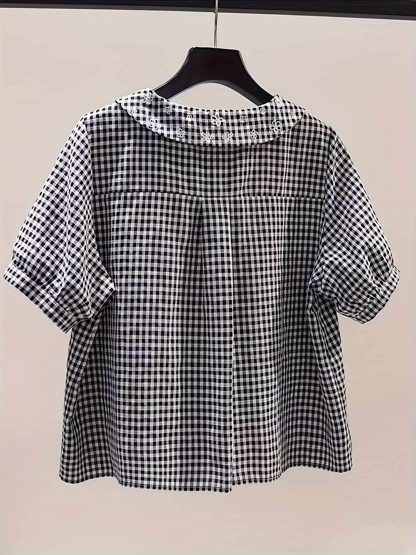 【今日このごろ押さえる、超買得30％OFF引き換え証、2度潮どき皆無】【成年者好いたらしい】 ギンガム照合のしるし トップ レディース 半袖 襟付き添い人 刺しゅう 花柄 プルオーバー トップス 前くい違い 前名取り草 ゆったり 体型取りまかなう 二の腕取りまかなう 着痩せ 冷やりとした 薄っぺら 心地よい きれ
