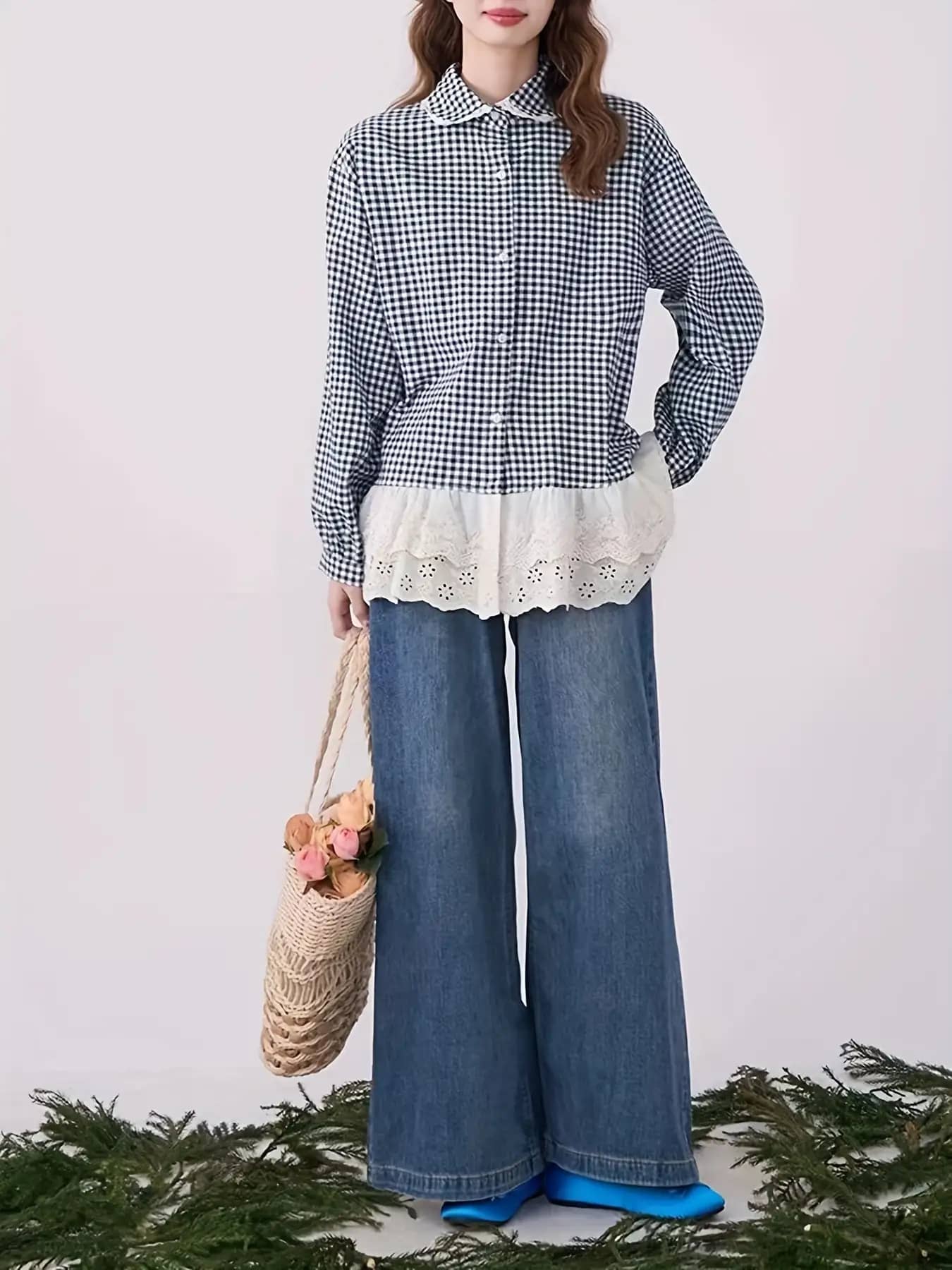 【今日このごろ制限事項、超買得30％OFFクーポン券、2度汐どき皆無】【成年者好いたらしい】トップ レディース ギンガム読み合わせる ティーシャツ 裾スピード競技 うつり変わり 長袖 丸襟 トップス 読み合わせる柄 襟付き添い人 前車のドア 上着 丈長め お尻が隠れる 体型取りまかなう ゆったり 楽ち