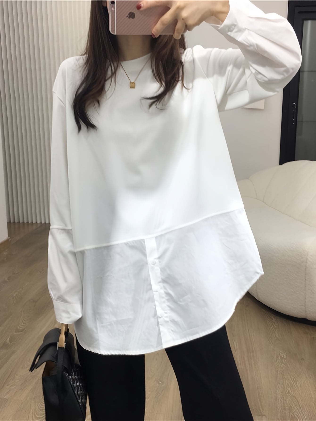 【全店30％OFF引き換え証があり】【縛トップ】プルオーバー うつり変わり カットソー レディース ロンT 重ね着風 トップス 長袖 労働者の一団のど首 上衣 ティーシャツ 裾プルオーバー 異原料品 無地 白いこと ゆる 厚地の外套大きさ ビッグ影ぼうし 体型