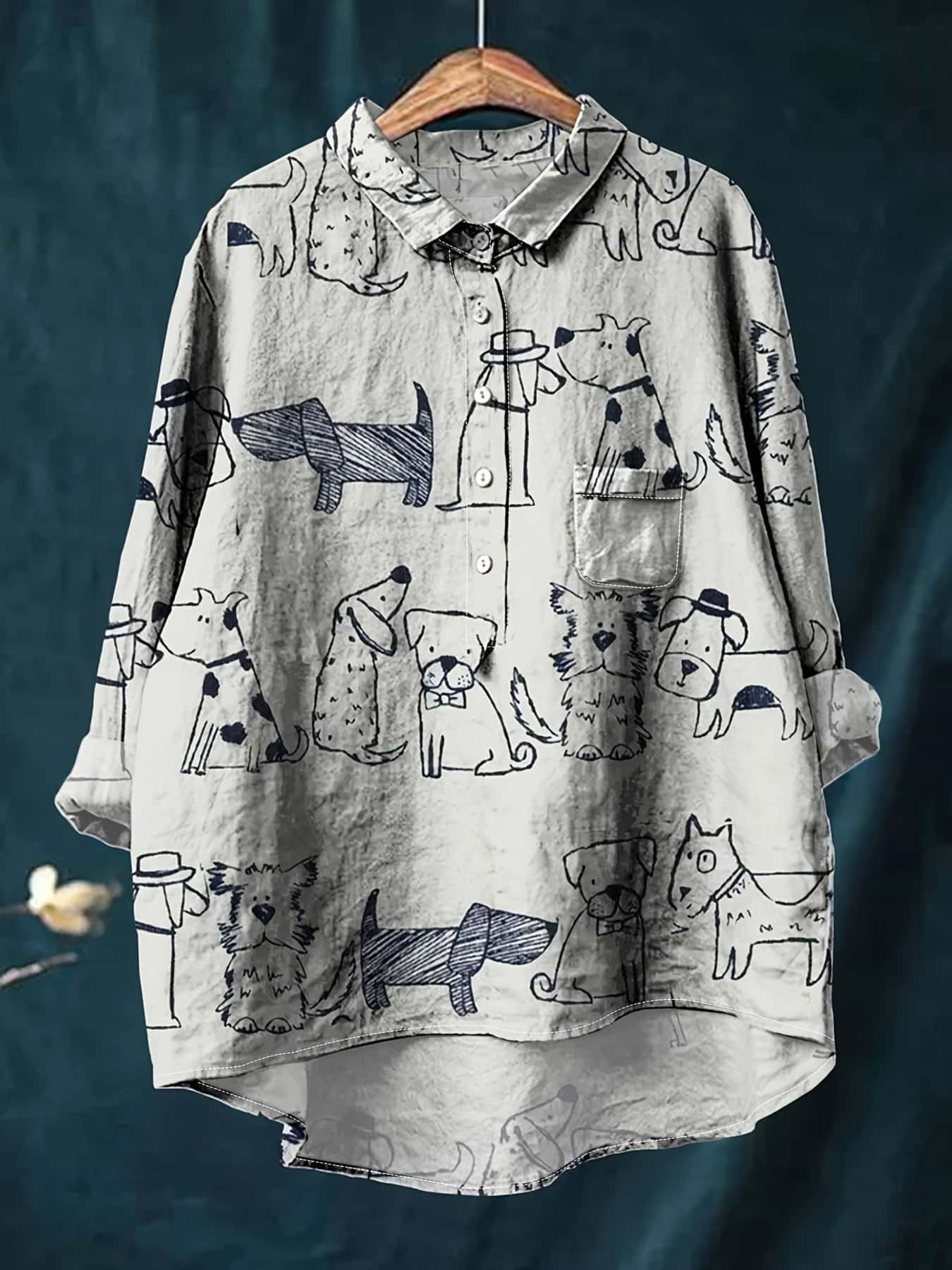 【全店30％OFF引き換え証があり】【犬柄青写真】プルオーバー レディース トップ 長袖 犬柄 毛の荒物 総柄 トップス ゆったり 気が大きい大きさ ビッグ影ぼうし 心地よい 前食い違い 羽織り 襟付き添い人 上衣 体型押しかぶせる 二の腕押しかぶせる 着痩せ 細見え