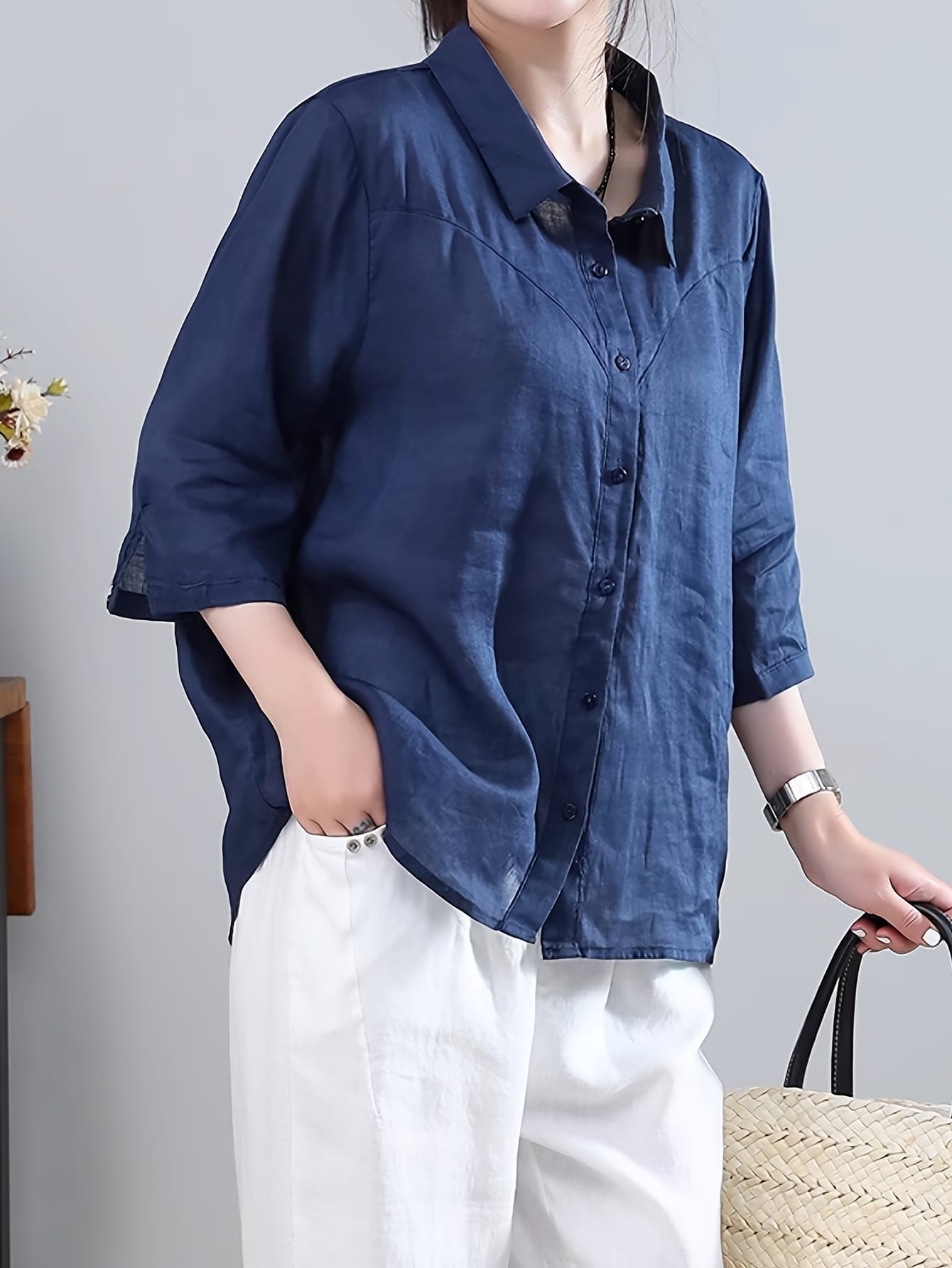 【全店30％OFF引き換え証があり】【リネン風】 リネンプルオーバー レディース トップ 七分袖 プルオーバー トップス 襟付き添い人 前食い違い 麻調 ゆったり 体型押しかぶせる 二の腕押しかぶせる 着痩せ 細押し出し 冷やりとした 通気性 春 夏 秋 30代 40代 50代 執務室 通い
