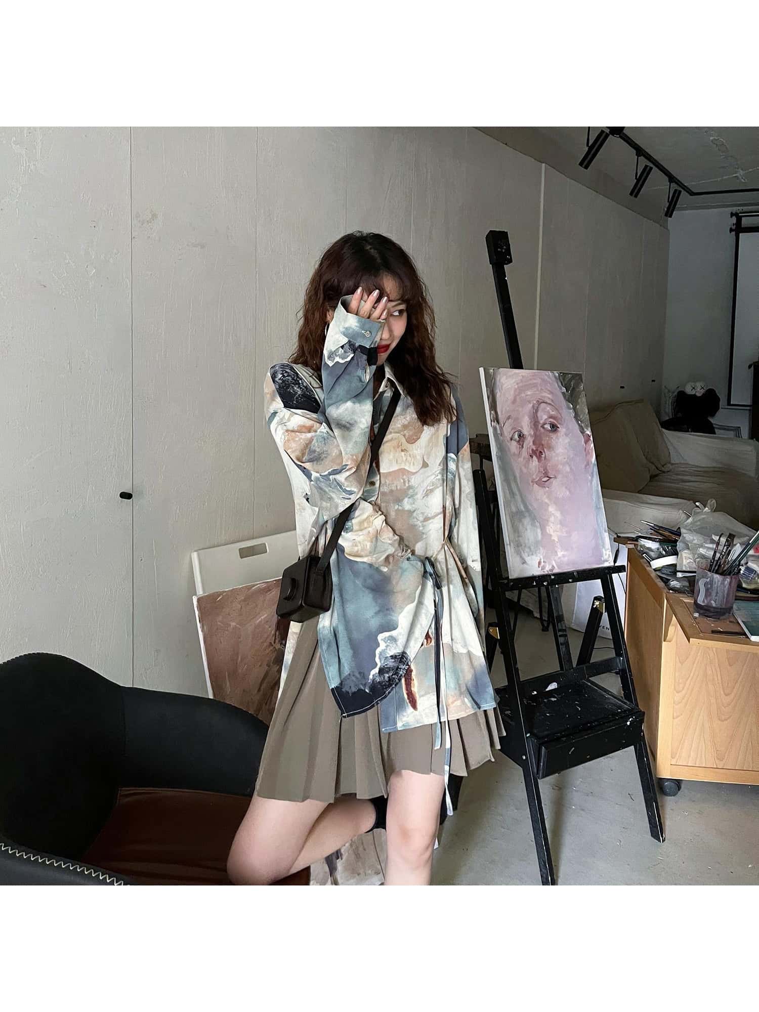 【全店30％OFF引き換え証があり】【作物な一着】プルオーバー レディース トップ 長袖 油彩風 総柄 作物刷り上げる レトロ ヴィンテージ風 トップス 襟付き添い人 前食い違い 個人的特徴的 酉の方角目じるし ドロ同盟罷工 シュロの葉 ゆったり 体型押しかぶせる 着痩せ 割れ易い押し出し 大