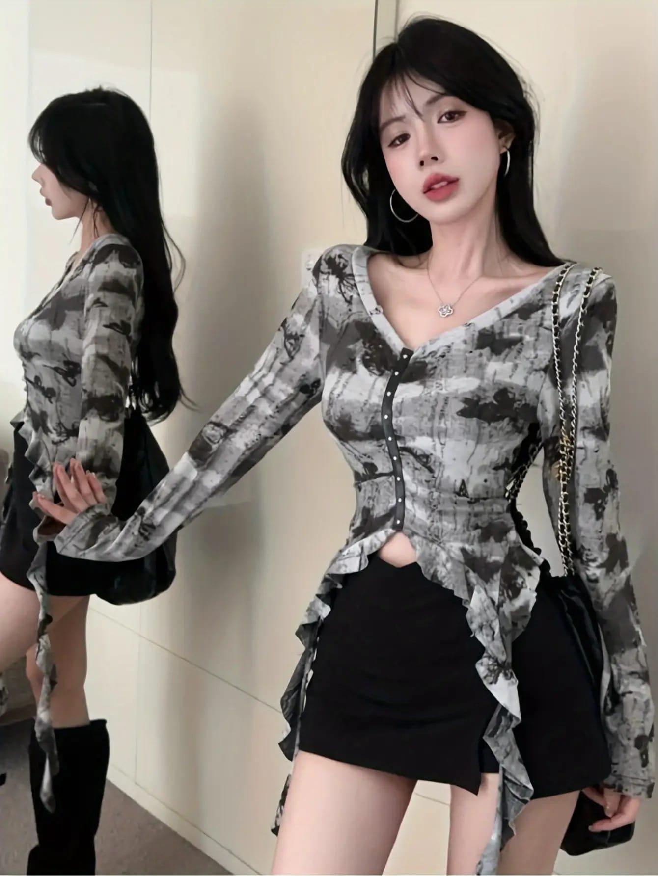 【全店30％OFF引き換え証があり】トップ レディース 長袖 Ｖのど首 裾フラウンス カットソー タイダイ柄 トップス 艶っぽい きつい ギャザー ティーシャツ プルオーバー インキ 総柄 大理石 ペプラム か細い 着痩せ 体型押しかぶせる 韓国 流行り物 大