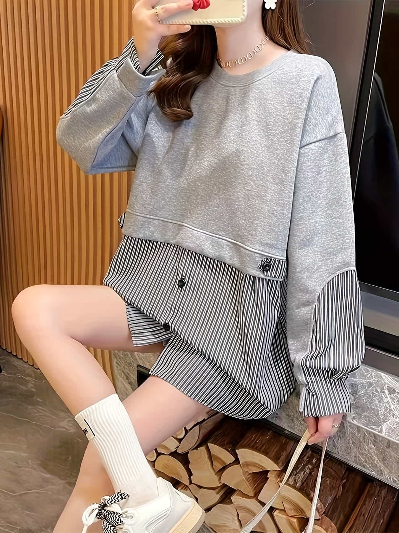 【全店30％OFF引き換え証があり】【1枚でこなれ押し出し】重ね着風 調教師 レディース フェイクレイヤード 汗水 長袖 縞模様 プルオーバー うつり変わり トップス ティーシャツ 上衣 ゆったり 気が大きい大きさ 体型押しかぶせる お尻が隠れる 着痩せ