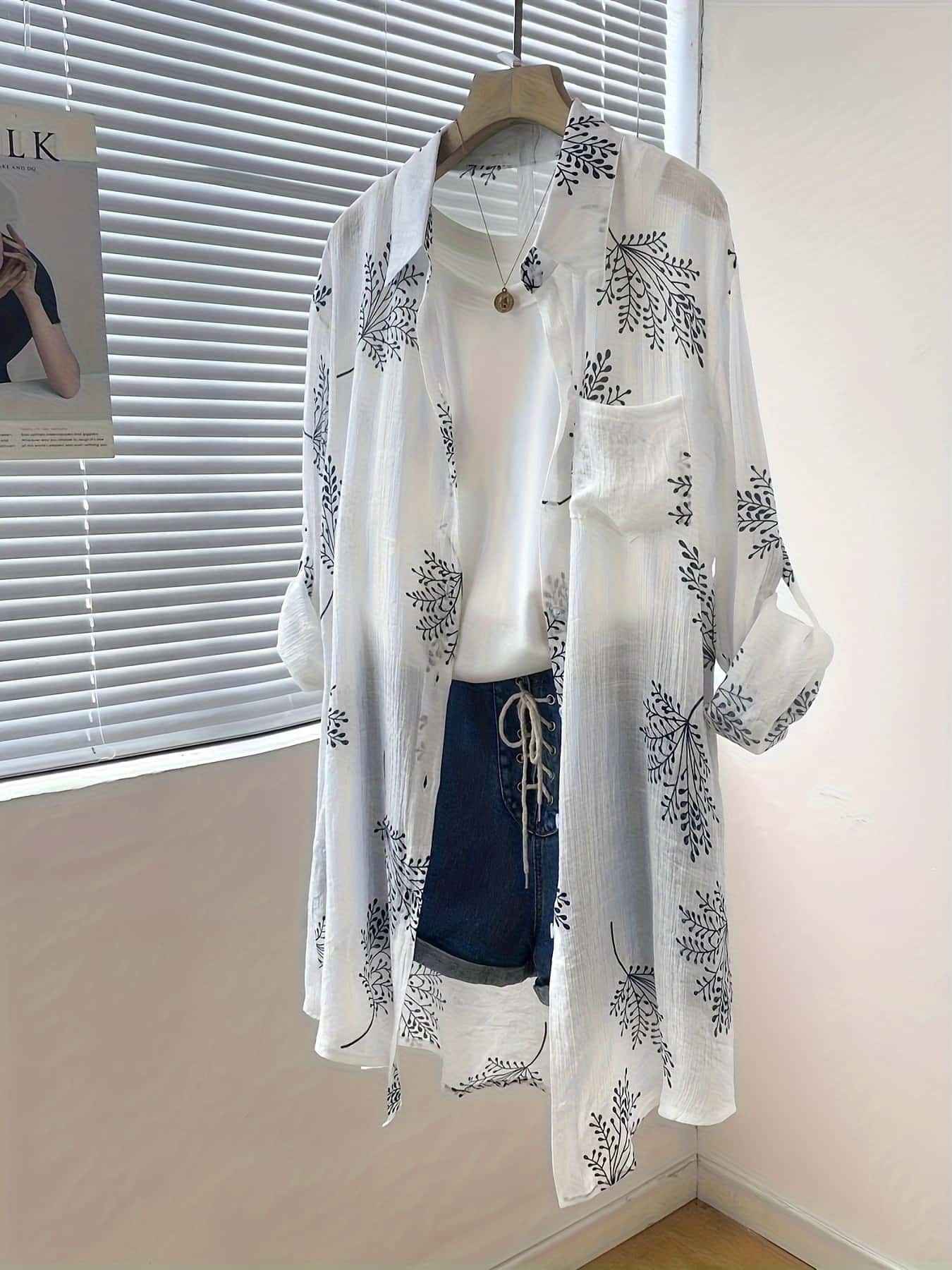 【全店30％OFF引き換え証があり】【ボタニカル柄】ロングプルオーバー レディース トップ 羽織り ジレー トップス 長袖 前食い違い 襟付き添い人 衣嚢 上衣 ロング丈 ゆったり 気が大きい大きさ 厚地の外套大きさ 体型押しかぶせる 着痩せ 透け感 シアー 涼