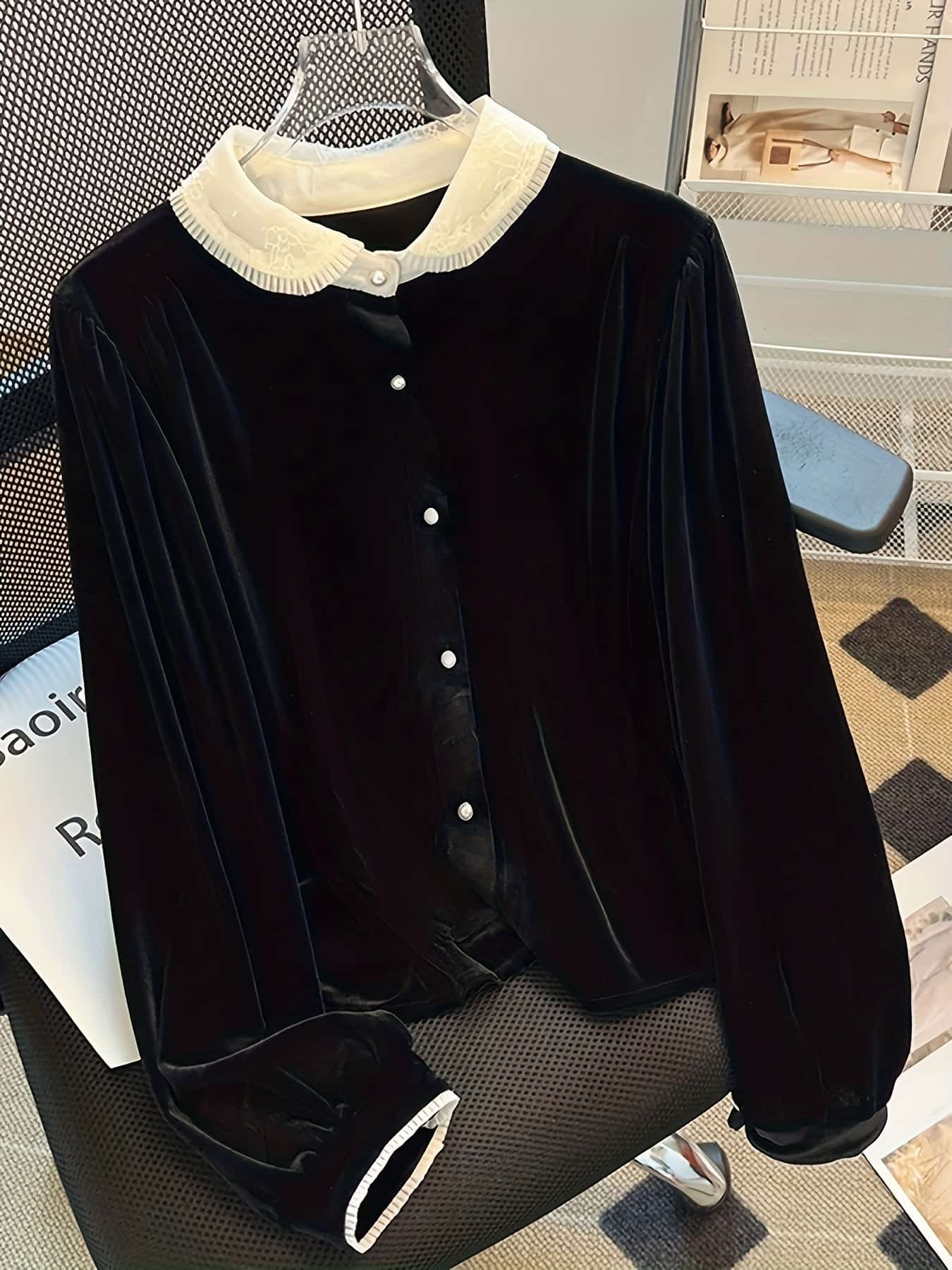 【全店30％OFF引き換え証があり】【襟元スピード競技】 トップ レディース 長袖 天鵞絨 トップス プルオーバー 襟付き添い人 うつり変わり バイ色合い 丸襟 パール名取り草 天鵝絨調 チュール メッシュ 色彩設計 異原料品 好いたらしいめ 雅びやか レトロ 古典派音楽 成年者可