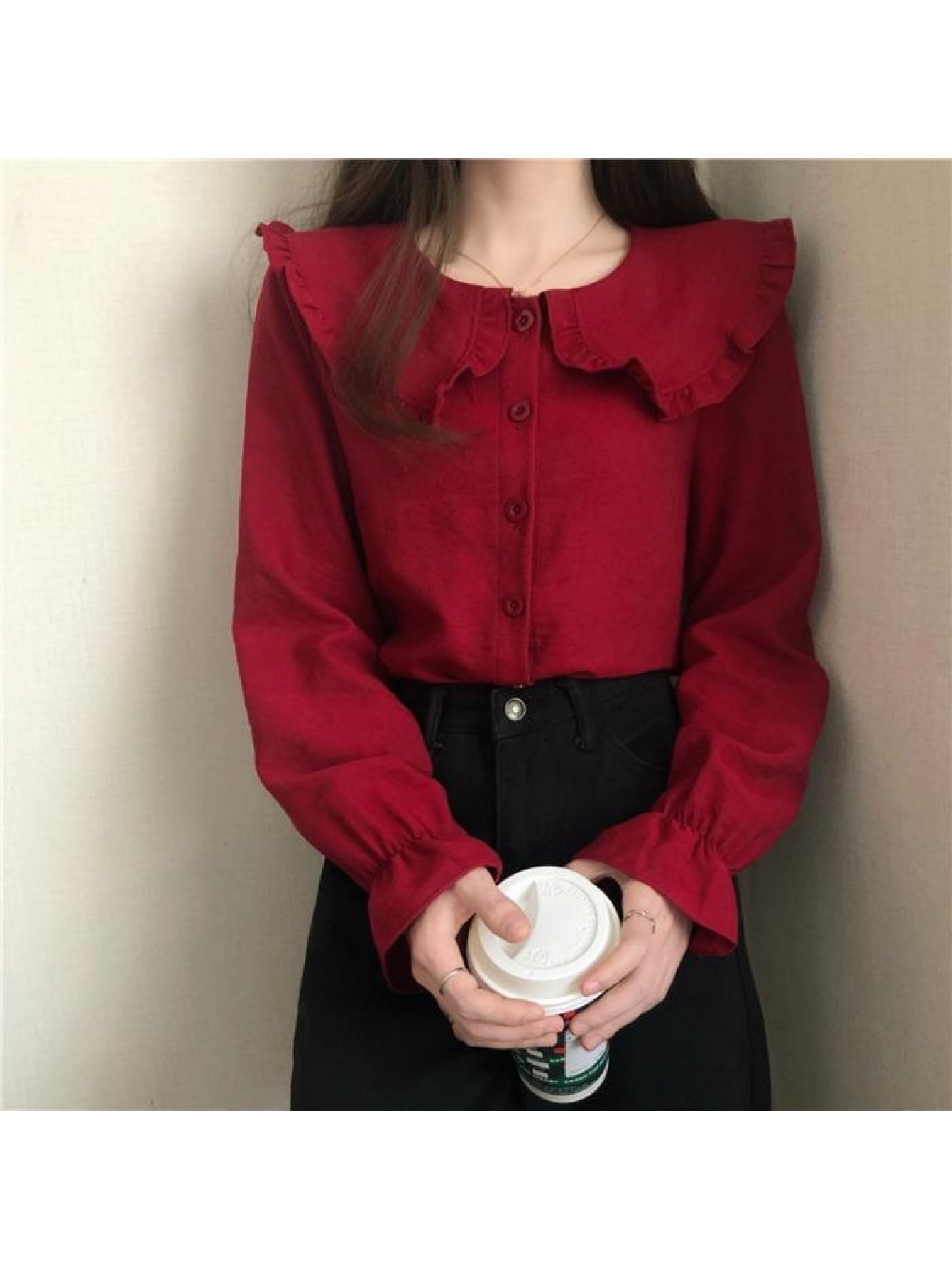 【全店30%OFFクーポンがあり】【ビックカラー】 ブラウス コーデュロイ シャツ レディース 長袖 フリル襟 丸襟 トップス 襟付き 襟コンシャス レトロ ガーリー 大人可愛い キャンディースリーブ 袖フリル ぽわん袖 ゆったり 大きいサイズ 体型|大森麗萱