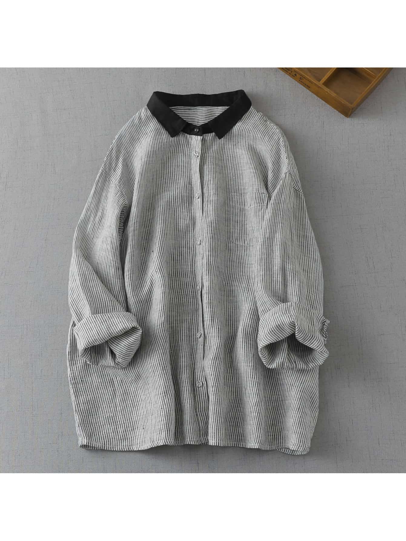 【全店30％OFFクーポンがあり】ストライプ シャツ レディース 長袖 ブラウス 配色襟 クレリック チュニック ゆったり トップス オーバーサイズ ドロップショルダー きれいめ カジュアル 事務服 通勤 OL オフィス 体型カバー 着痩せ 20代｜大森麗萱 9,214円