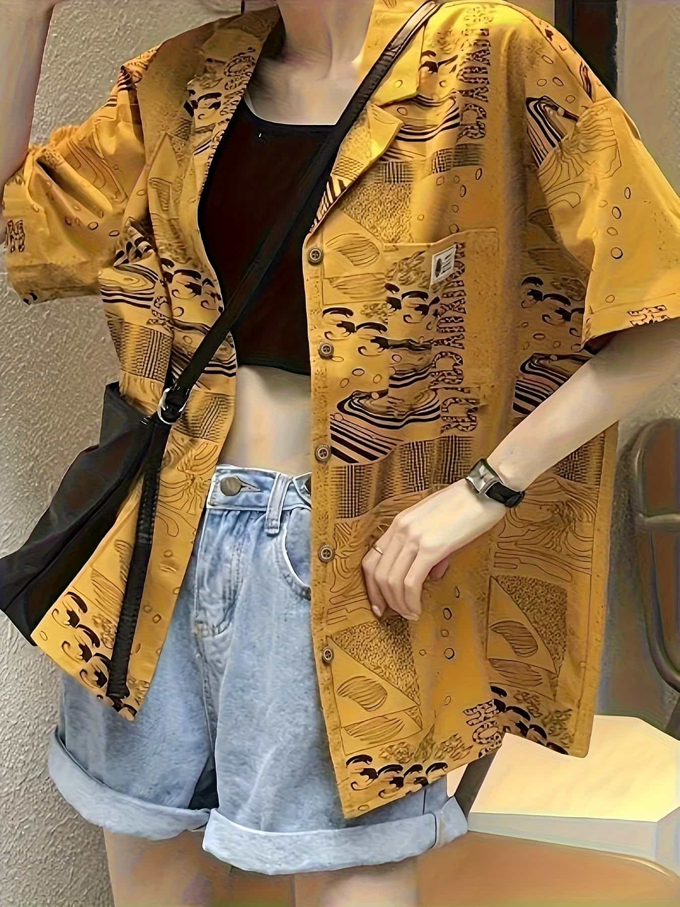 【全店30％OFF引き換え証があり】【レトロ柄】柄プルオーバー レディース 半袖 アロハシャツ 開襟プルオーバー 総柄 トップ トップス 厚地の外套大きさ ビッグ影ぼうし 黄色 黄味がかった ヴィンテージ風 心地よい 表どおり 襟付き添い人 5分袖 体型押しかぶせる 着痩せ