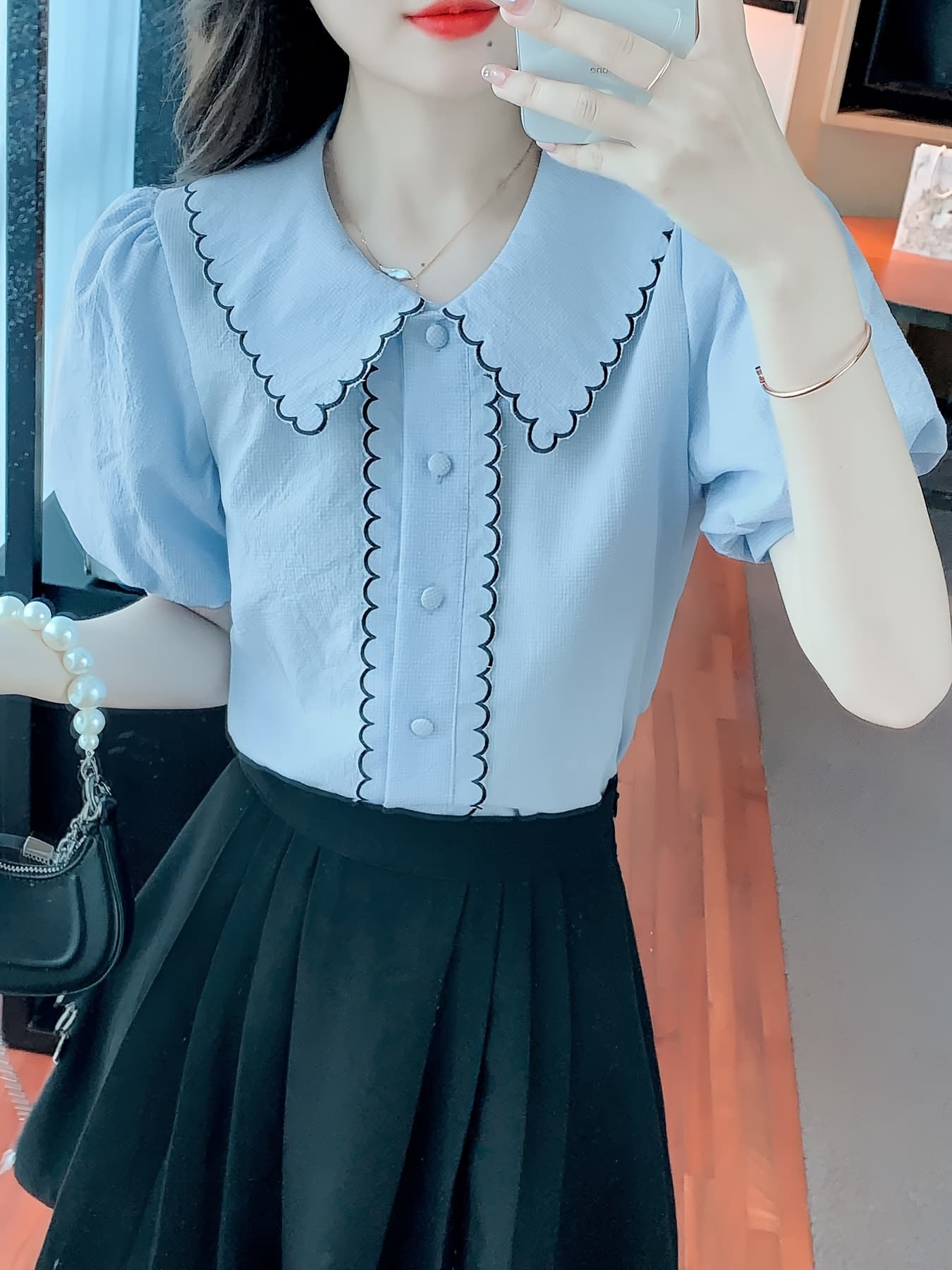 【全店30％OFF引き換え証があり】【襟コンシャス】トップ レディース 半袖 夏 ビッグ色合い スカロップ襟 色彩設計 パイピング トップス プルオーバー 前食い違い 襟付き添い人 音の大きさ袖 軽気球袖 五分袖 体型押しかぶせる 二の腕押しかぶせる 着痩せ 細押し出し 冷やりとした シワ