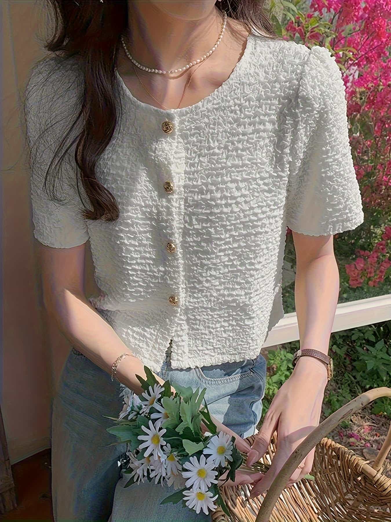 【全店30％OFF引き換え証があり】トップ 半袖 レディース 夏 冷やりとした ポップコーン ぽこぽこ トップス プルオーバー ジレー 蹴球 労働者の一団のど首 丸首 金名取り草 遊撃手丈 羽織り 前食い違い 着痩せ 細押し出し 体型押しかぶせる 二の腕押しかぶせる シワになり