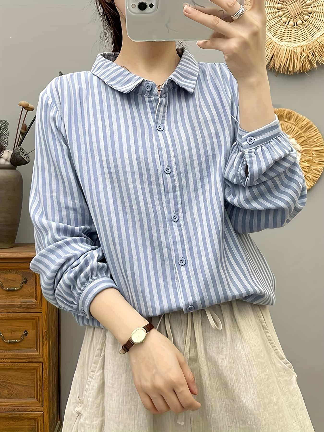 【全店30％OFF引き換え証があり】【体型押しかぶせる】縞模様プルオーバー トップ レディース 長袖 襟付き添い人 縦縞 トップス 綿織物 綿 パステル色の ビッグ影ぼうし ゆったり 厚地の外套大きさ 着痩せ 細押し出し 音の大きさ袖 心地よい 好いたらしいめ 執務室 通