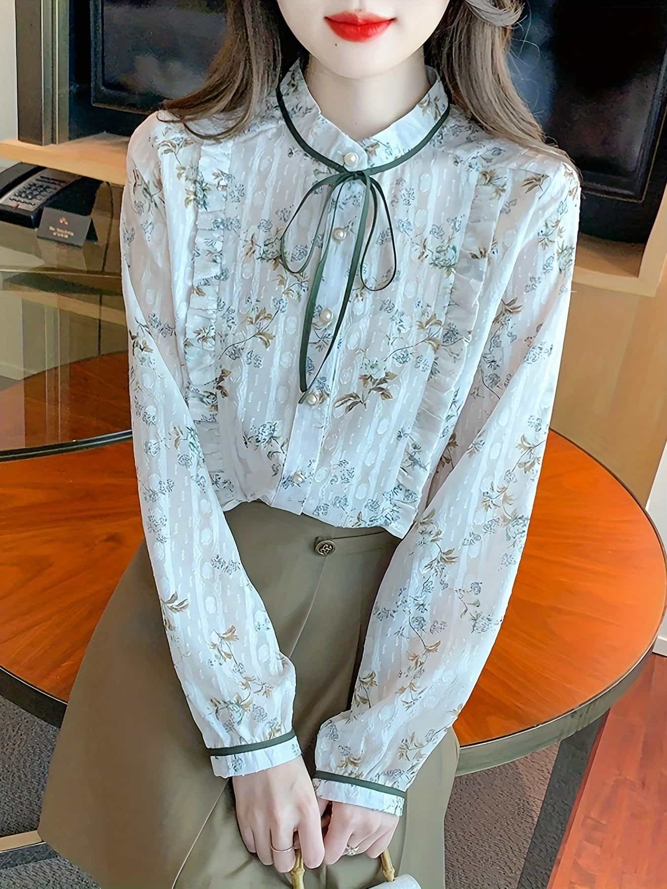 【全店30％OFF引き換え証があり】トップ レディース 長袖 花柄 プルオーバー シュロの葉 洋弓引き分け フラウンス ダンス楽隊色合い 立ち襟 シフォン トップス 総柄 透け感 シアー パール名取り草 薄っぺら 好いたらしいめ 成年者好いたらしい 女子らしい ゆったり 体型押しかぶせる 着痩せ