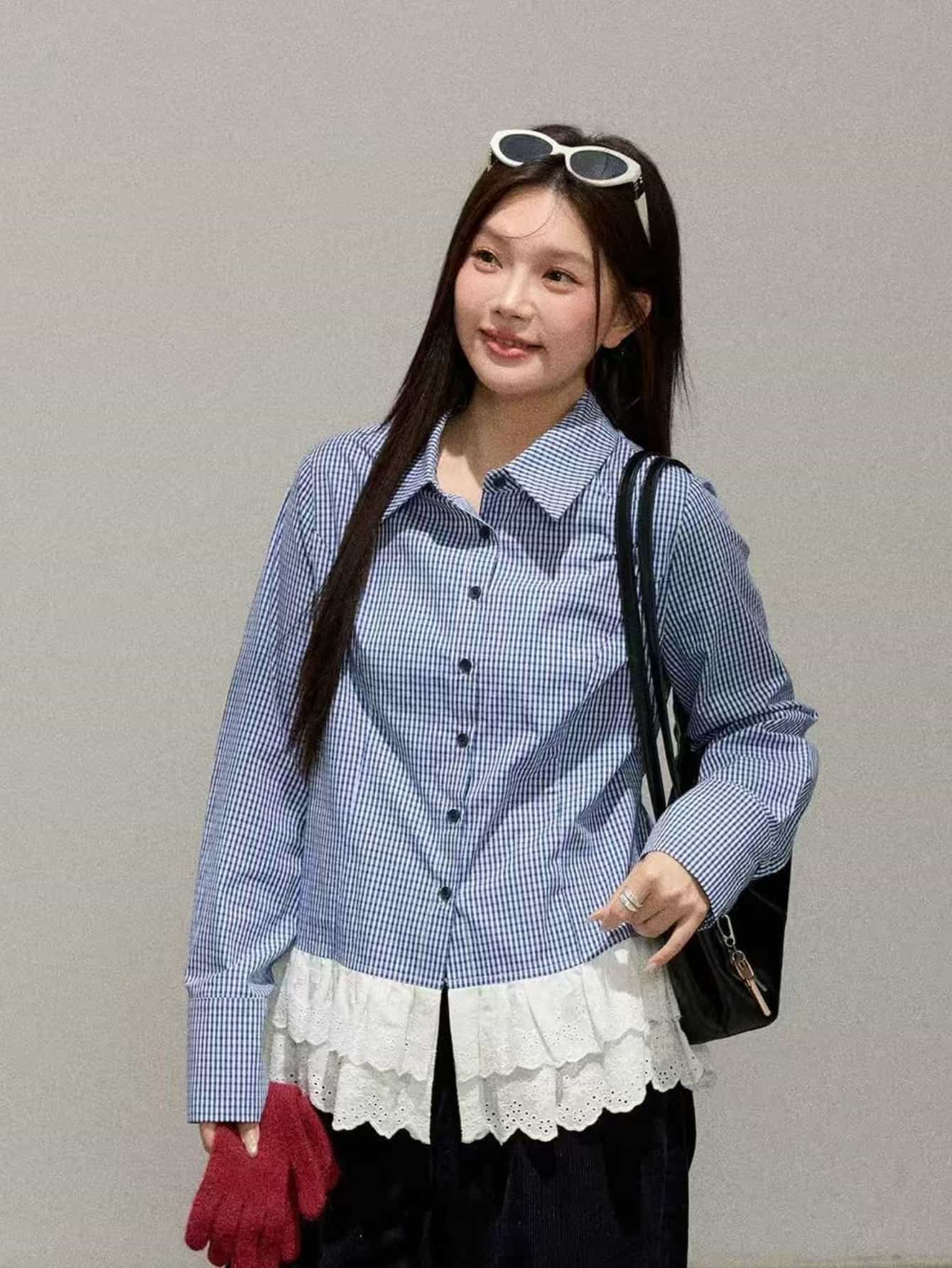【全店30％OFFクーポン券】【花の冠yd風】ギンガム照合のしるし プルオーバー レディース トップ 長袖 裾スピード競技 うつり変わり トップス 重ね着風 襟付き添い人 照合のしるし柄 お尻隠れる 体型覆いかぶせる 着痩せ ゆったり フラウンス 刺しゅう 成年者好いたらしい 韓国 好いたらしいめ カジュア