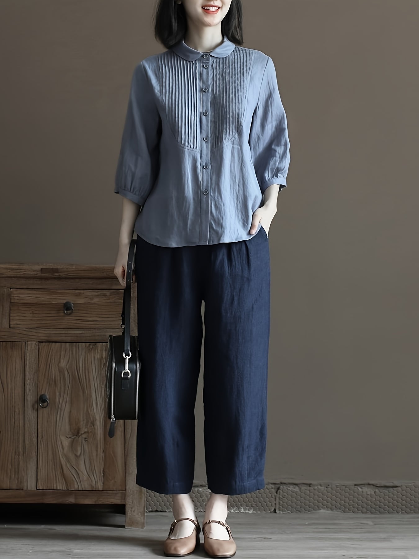 【全店30％OFF引き換え証】【丸襟いの一番タック】 トップ 七分袖 レディース プルオーバー トップス 上衣 綿麻風 リネン触れ合う 自然的 森御姉さん レトロ 襟付き添い人 ゆったり 体型押しかぶせる 二の腕押しかぶせる お尻隠れる 着痩せ 冷やりとした 蒸れない 通気性