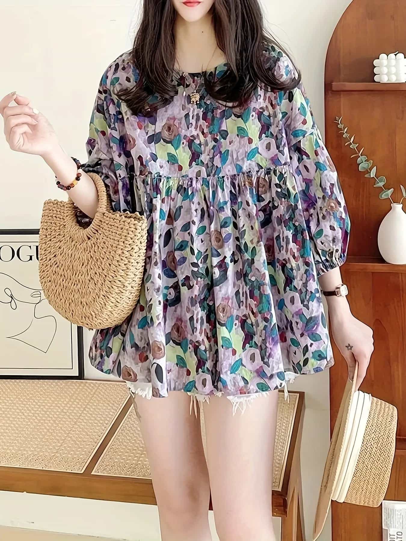 【全店30％OFF引き換え証】【たまり場映え】 トップ レディース 花柄 上衣 プルオーバー トップス 七分袖 ティアード ギャザー うつり変わり 労働者の一団のど首 丸首 音の大きさ袖 総柄 体型押しかぶせる ゆったり 着痩せ お尻が隠れる 二の腕押しかぶせる たわい無い 成年者